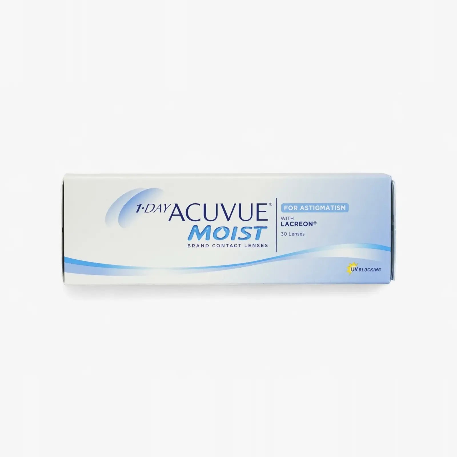 A rectangular box of 1 Day Moist For Astig - 30 Pk -Pwrs daily lenses in blue and white packaging, with product details and a yellow UV blocking icon at the lower right corner.