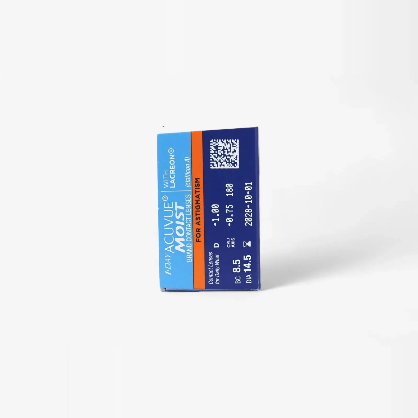 A blue and orange box of 1 Day Moist For Astig - 30 Pk -Pwrs daily contact lenses stands upright against a white background, showing prescription details and expiration date on the side.