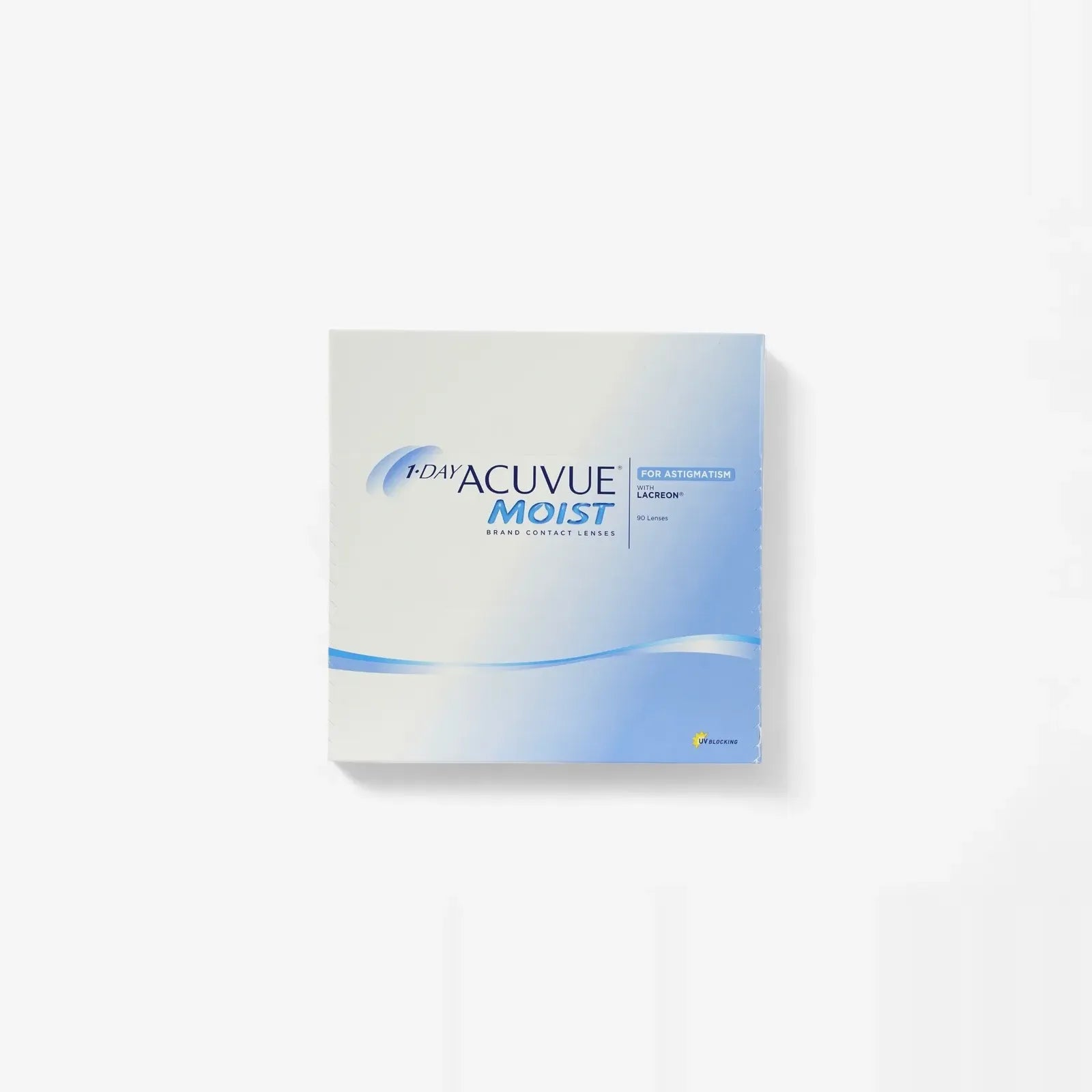 A 90-pack box of 1 Day Moist For Astigmatism daily contact lenses, featuring a white and blue design with product details and branding on the front.
