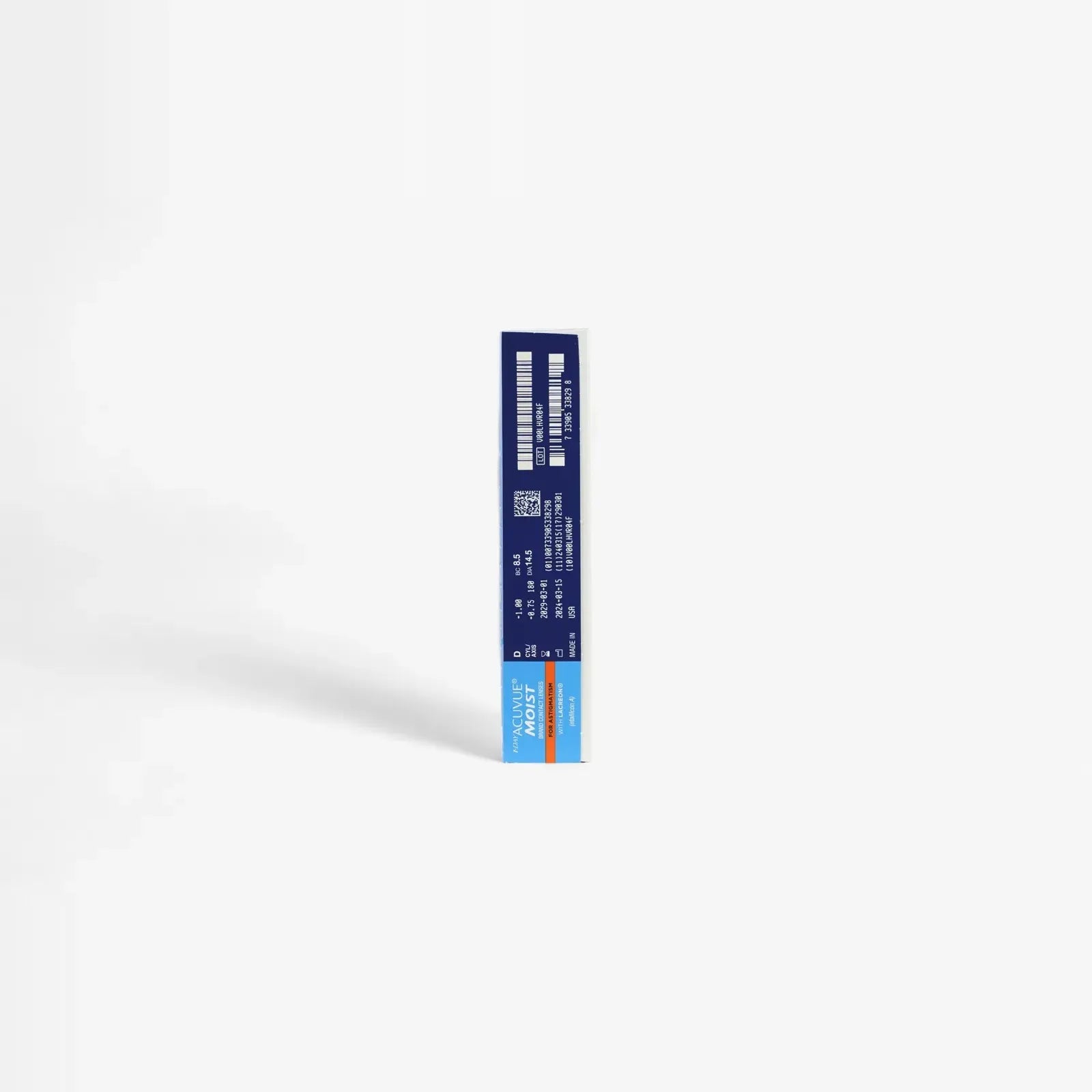 A single blue ticket with white text and a barcode stands upright on a white background, its clean look reflecting the clarity of 1 Day Moist For Astigmatism - 90 Pk daily contact lenses.