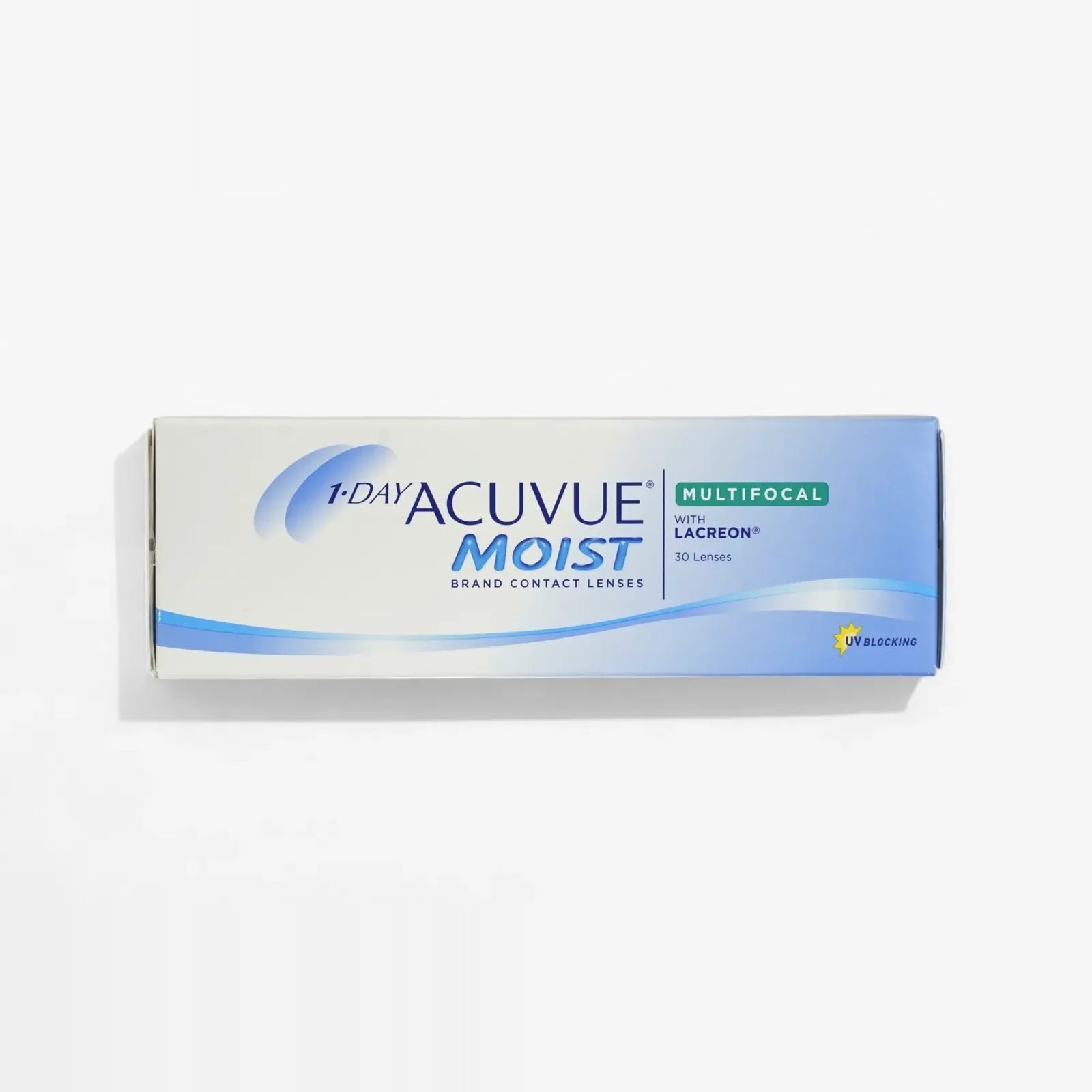 A 30-pack box of 1 Day Acuvue Moist Multifocal contact lenses for presbyopia, featuring Lacreon technology in blue and white packaging.