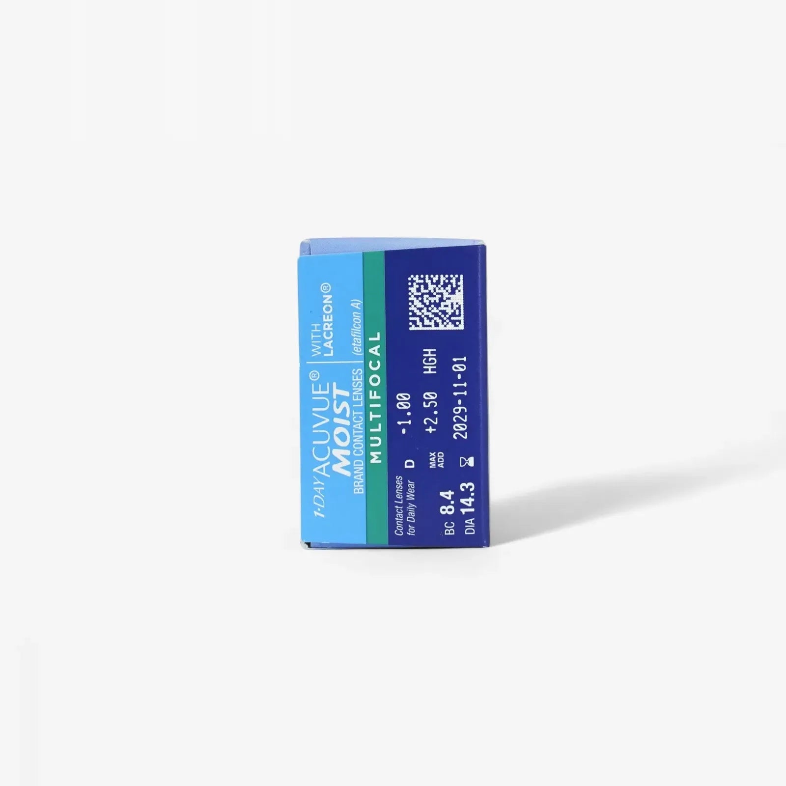 A blue and white box of 1 Day Acuvue Moist Multifocal 30Pk daily contact lenses is shown on a white background, with prescription details and product information visible on the side.