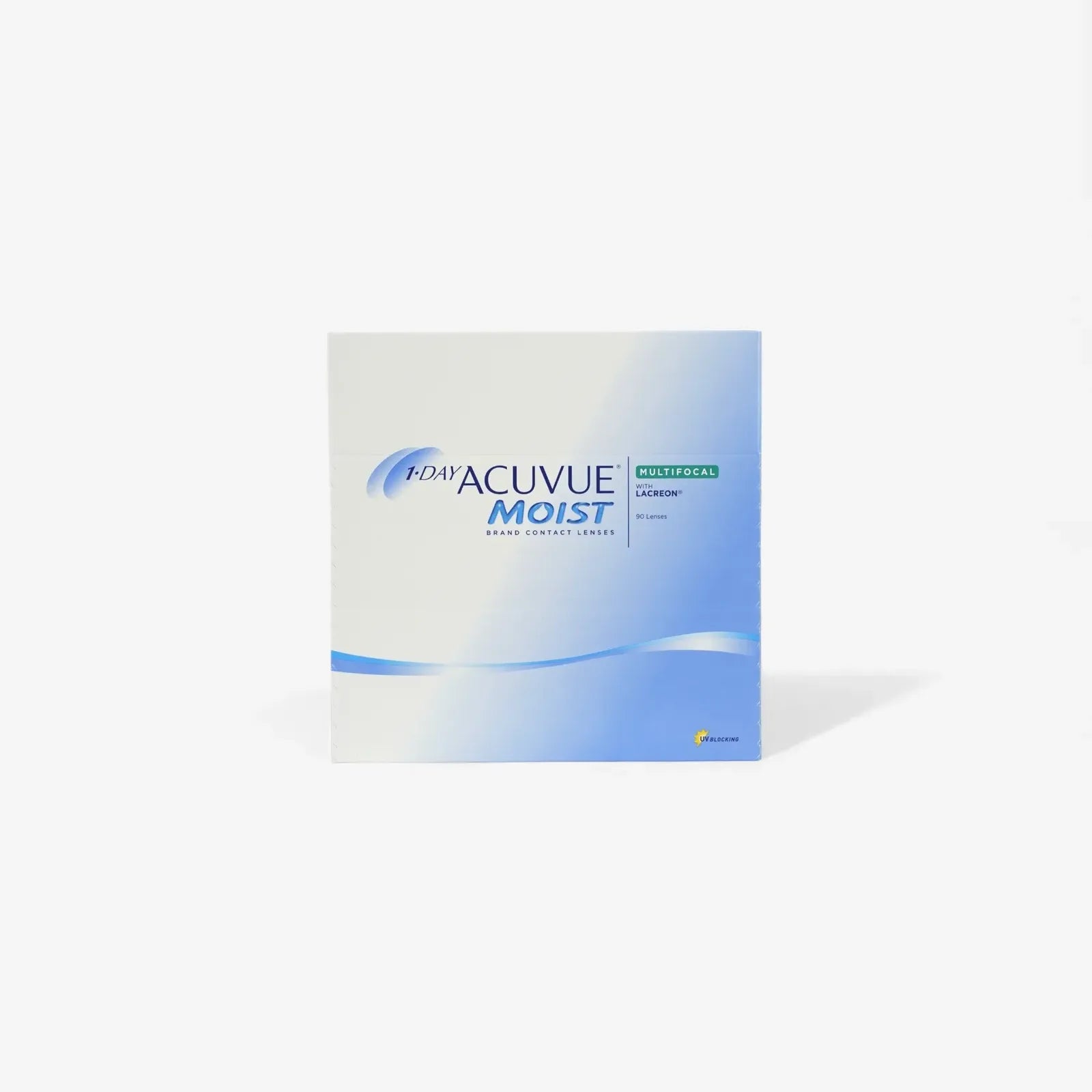 A white and blue box of 1 Day Acuvue Moist Multifocal 90Pk contact lenses is centered against a plain white background.