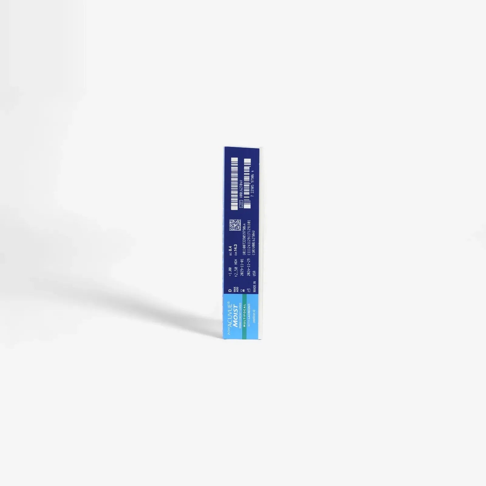 A single blue rectangular box labeled 1 Day Acuvue Moist Multifocal 90Pk stands upright on a plain white background, displaying its side with barcodes, text, and a QR code—perfect for those buying contact lenses online.