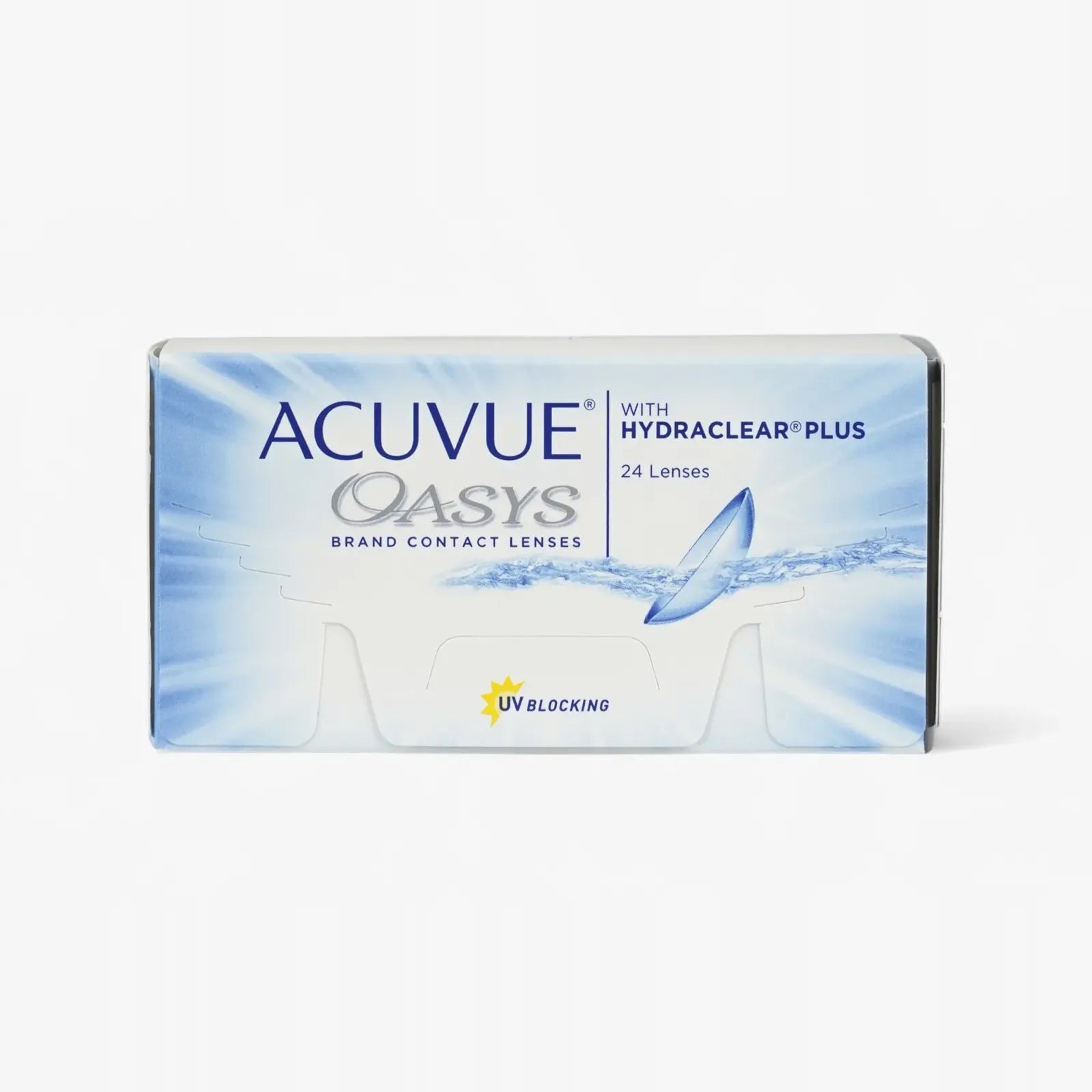 A box of Oasys - 24 Pk contact lenses features blue and white packaging with a water splash, a yellow UV blocking label, and HYDRACLEAR Plus technology—perfect for online contact lens purchases.