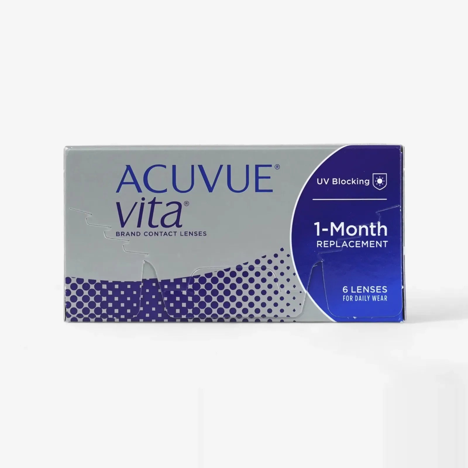 Acuvue Vita - 6 Pack offers 1-month replacement contact lenses with HydraMax Technology. Each gray and blue box contains 6 daily wear lenses and provides UV blocking protection.