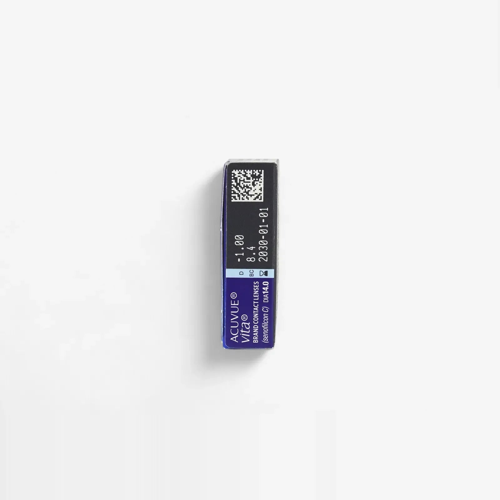 A rectangular Acuvue Vita - 6 Pack contact lens box with a blue label is shown against a white background, featuring product details and a barcode—ideal for purchasing contacts online.