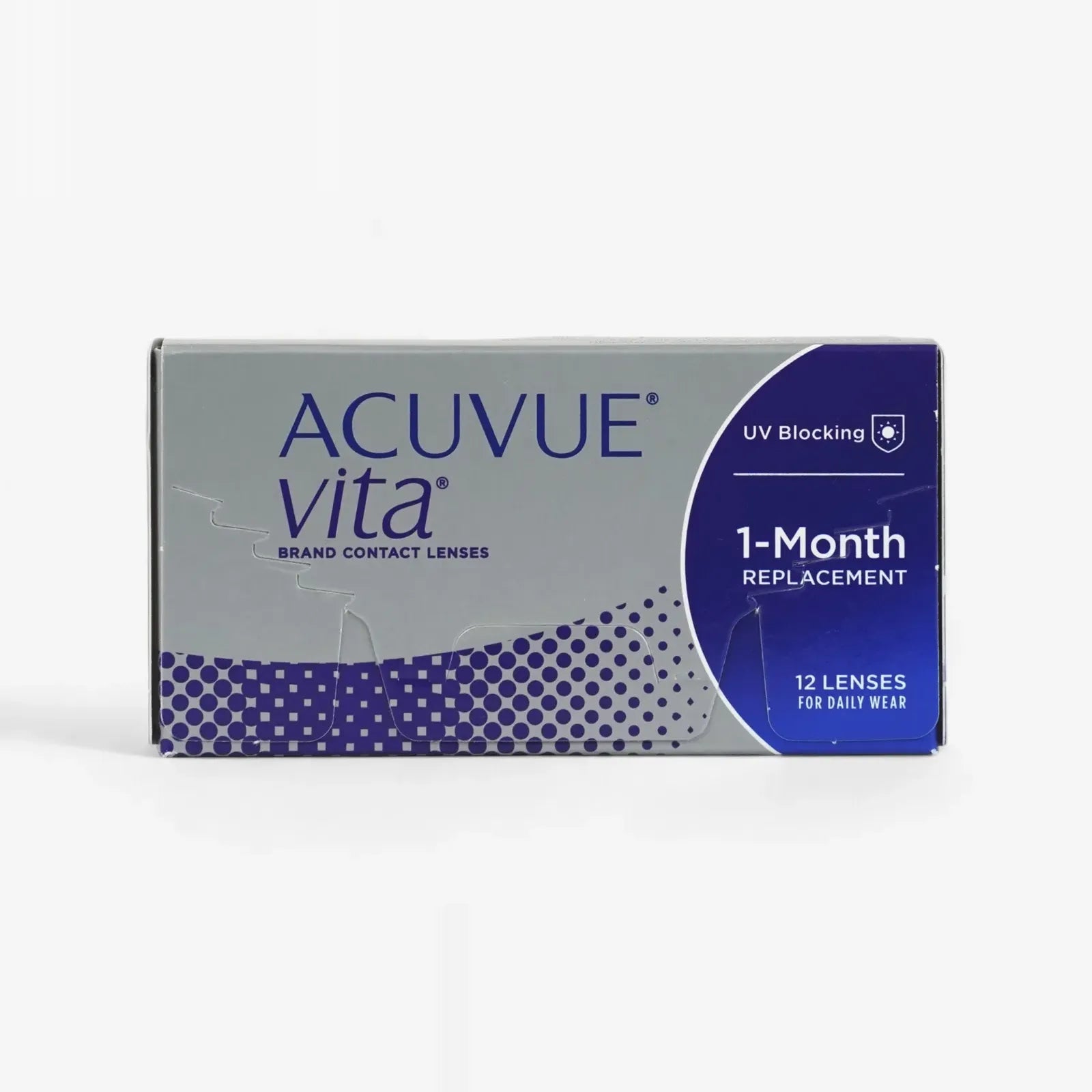 A 12-pack of Acuvue Vita contact lenses with HydraMax Technology, designed for 1-month replacement and daily wear, offers UV blocking. The gray and blue box features text and a dotted design.