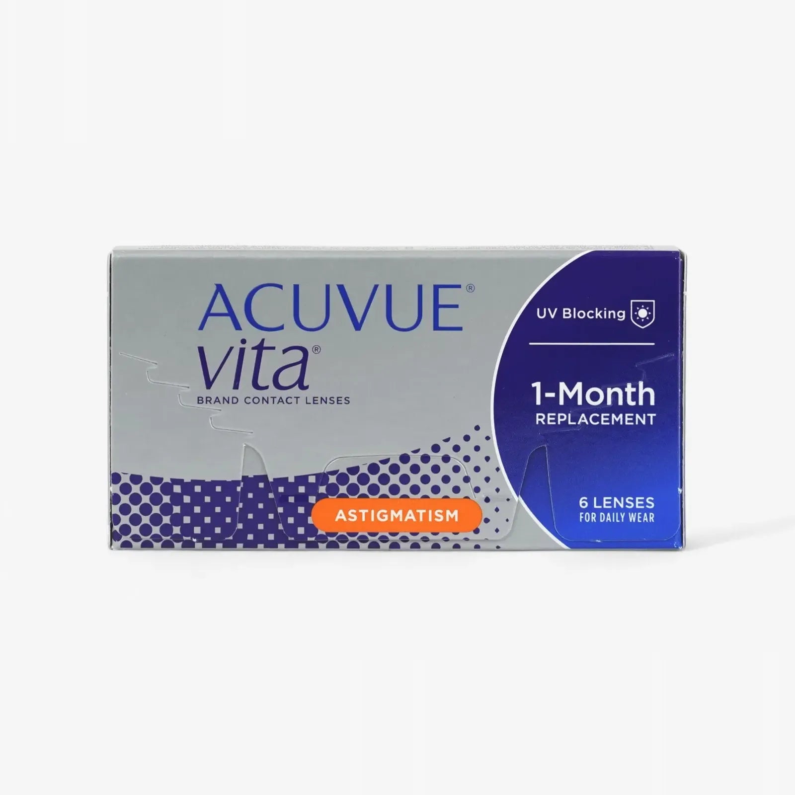 Order Acuvue Vita For Astigmatism - 6 Pk online for convenience. Each silver, blue, and orange box features HydraMax Technology, 1-Month Replacement, UV Blocking, and contains 6 lenses for daily wear.