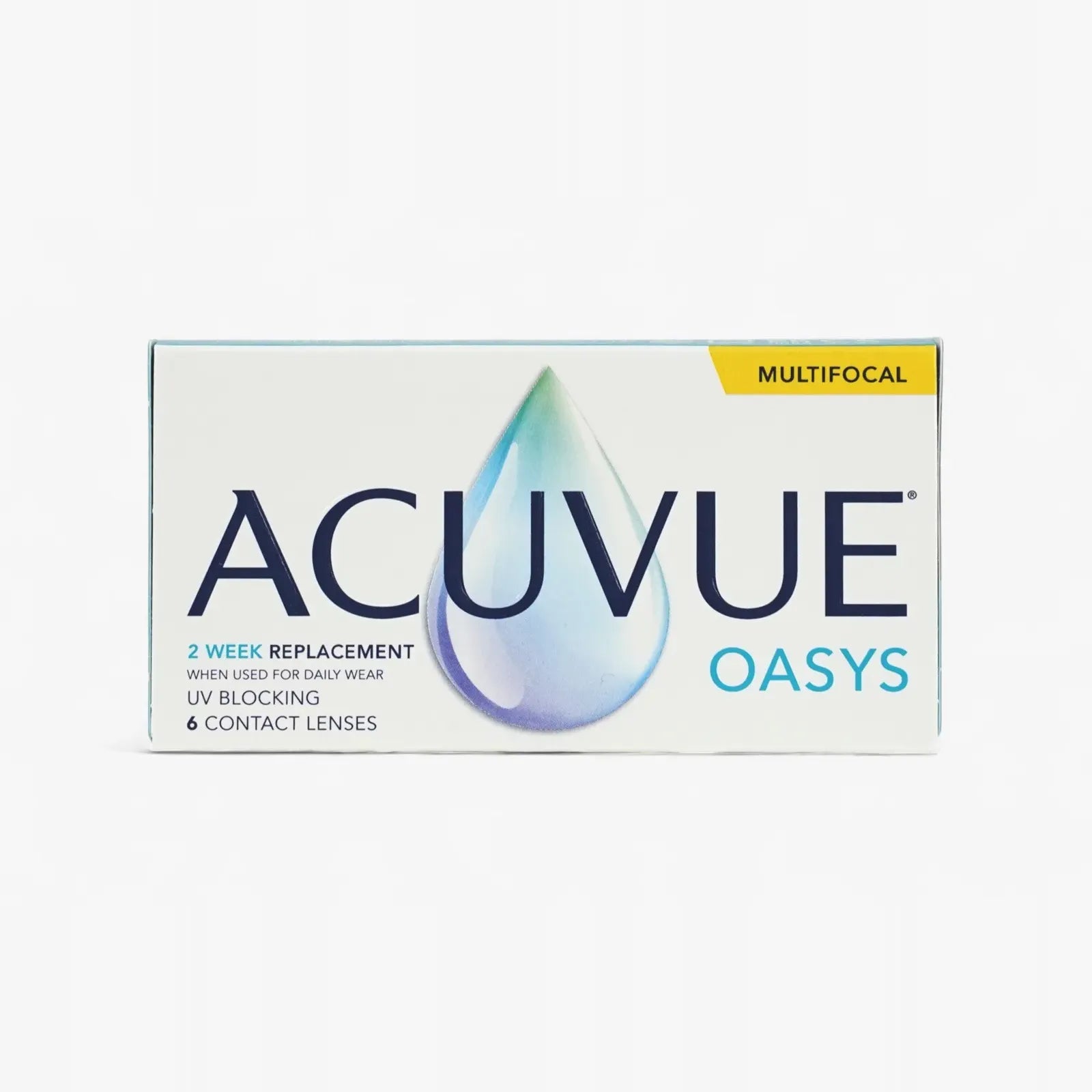 Oasys Multifocal 6 Pack: box of reusable contact lenses for presbyopic eyes, with a large water droplet graphic. Features 2-week replacement, UV blocking, and contains 6 lenses per box.