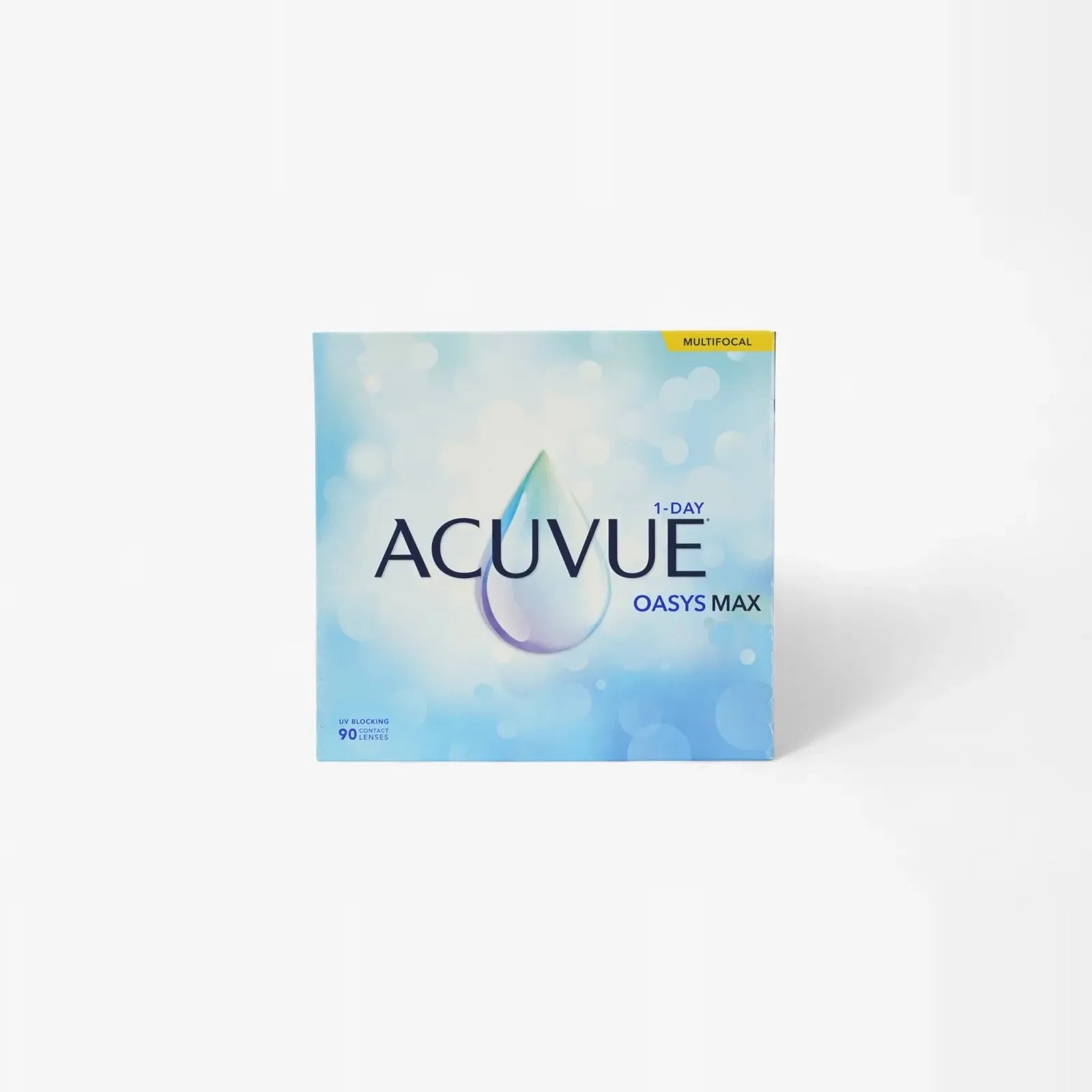 A 90-pack box of Oasys 1 Day Max Mf for presbyopia, with a blue background and water droplet graphic.