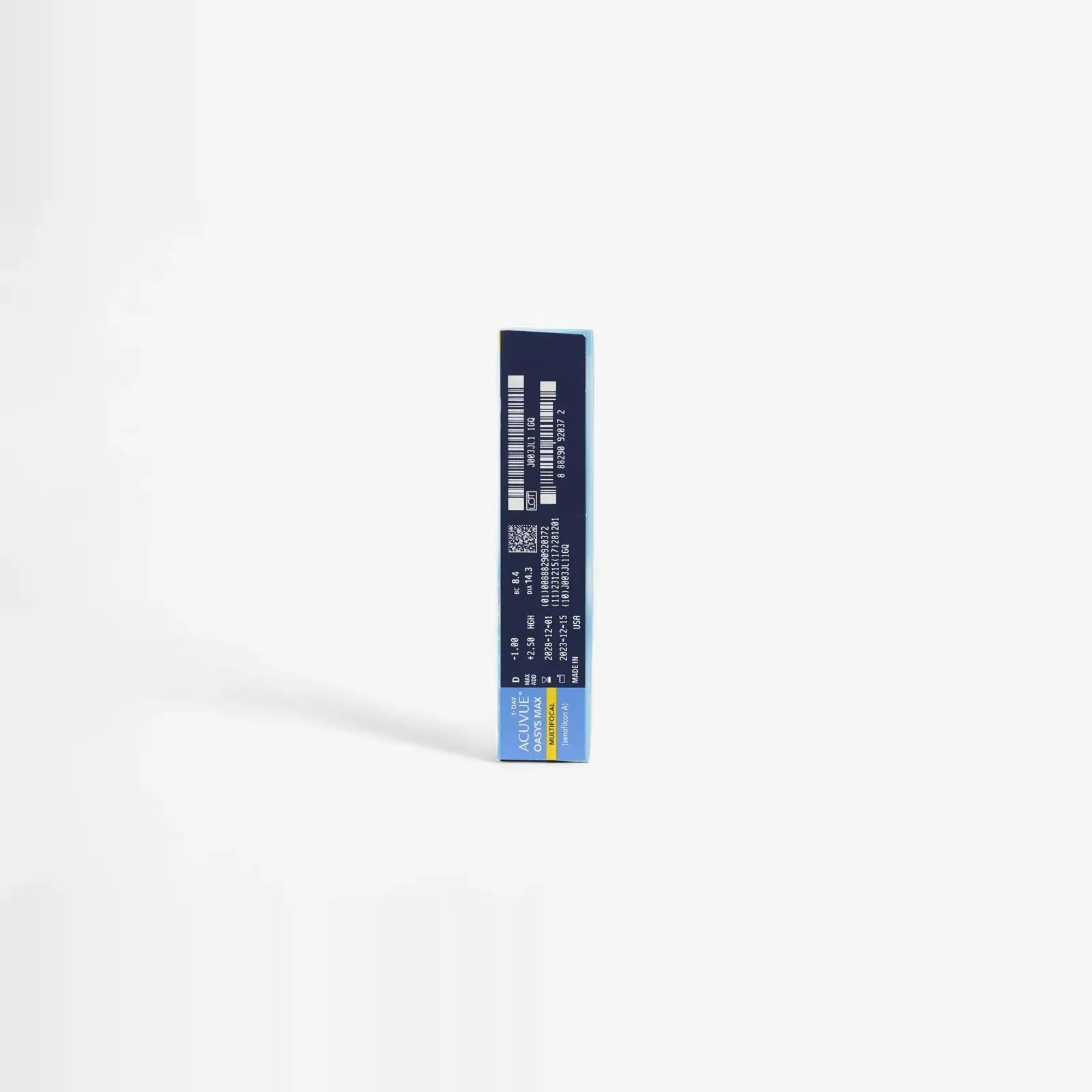 A rectangular box of Oasys 1 Day Max Mf - 90 Pk stands upright on a white background, displaying the barcode and product details—an ideal companion for presbyopic eyes exposed to blue-violet light from screens.