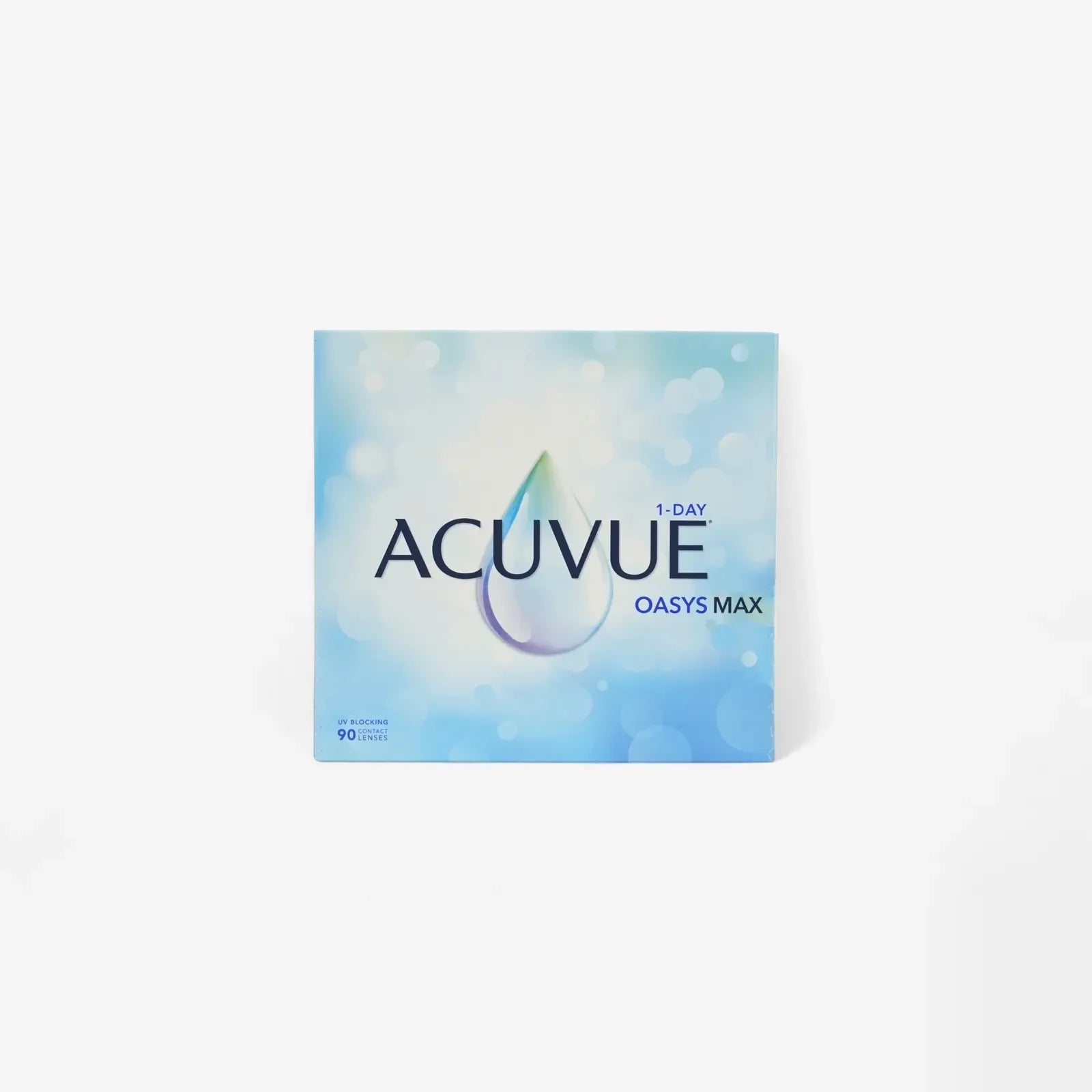 A box of Oasys 1 Day Max Sphere - 90 Pk contact lenses features a blue and white gradient background with a central water droplet graphic.