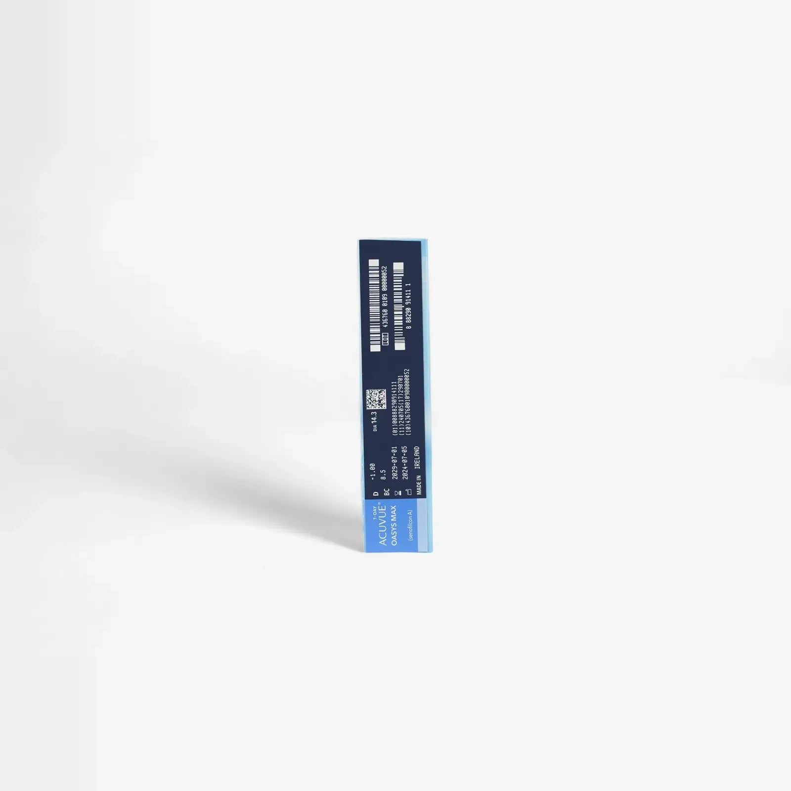 A rectangular blue and black box of Oasys 1 Day Max Sphere - 90 Pk stands upright on a white background, with barcodes and white text visible. The bottom features a lighter blue section with more white text.