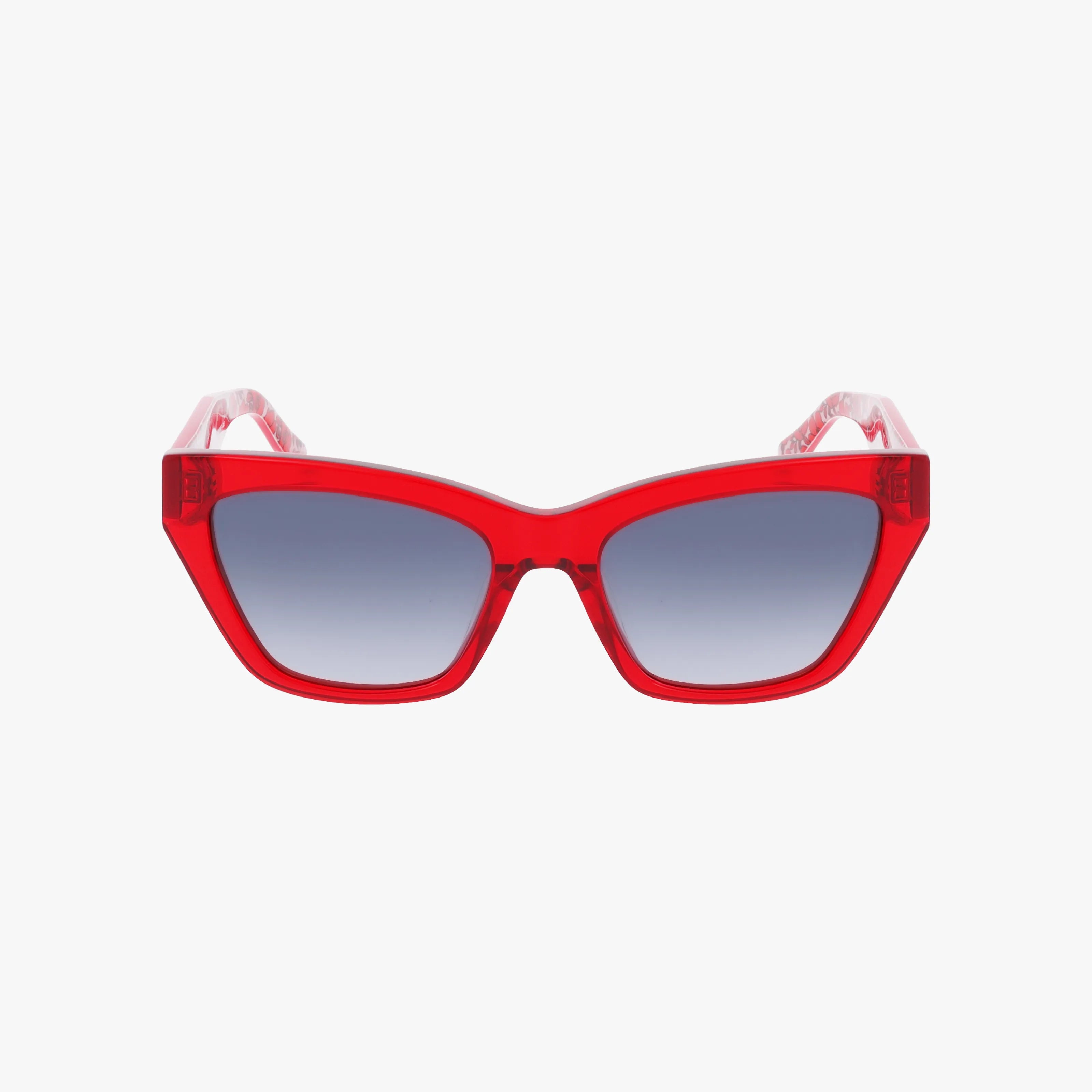 The FAY/G/S are lightweight red cat-eye sunglasses with thick frames and dark gradient lenses, perfect for your next outdoor adventure, shown on a plain white background.