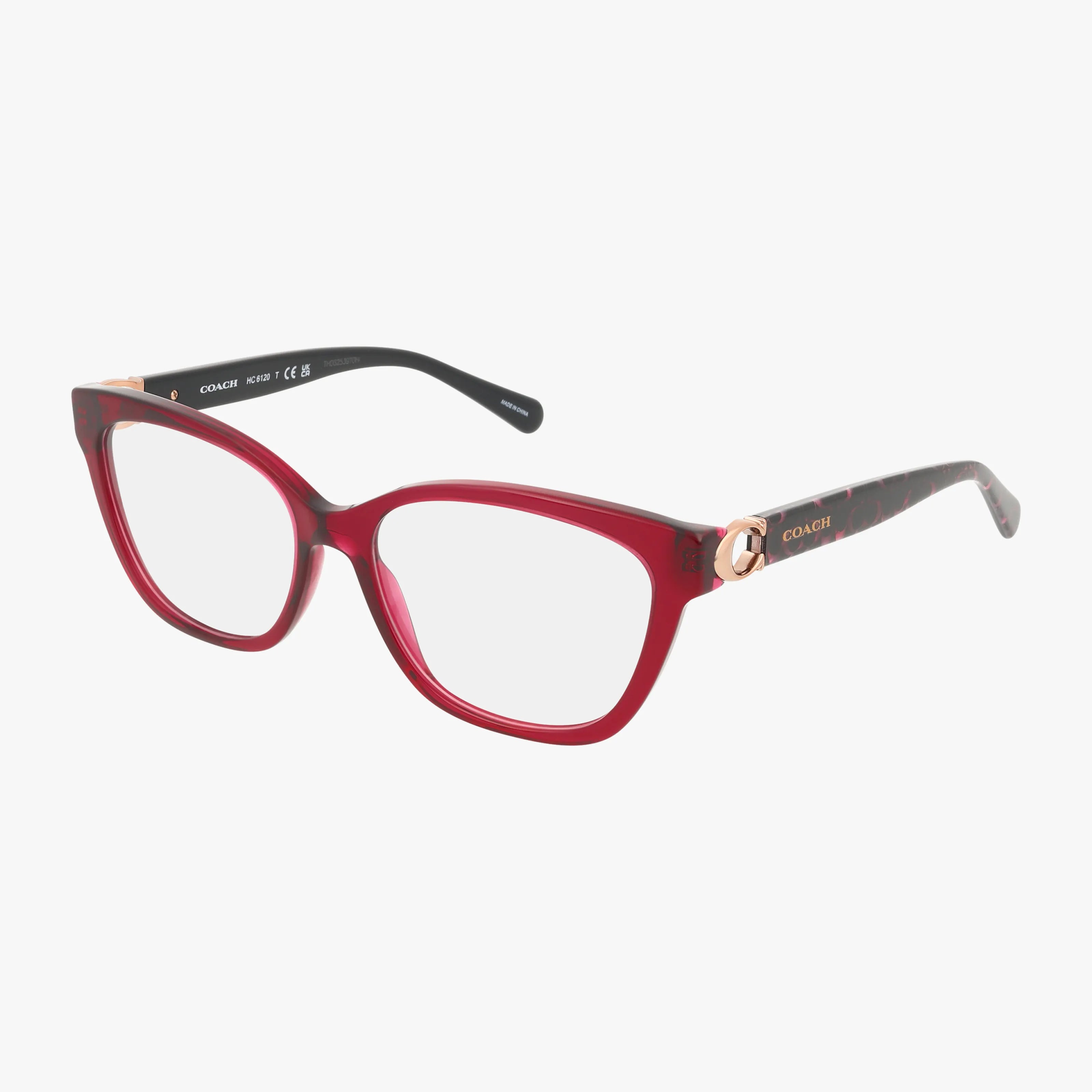 The HC6120 features red and black rectangular frames with gold hinge accents and the Coach logo on the arms. Clear lenses showcase its functional design, making these eyeglasses a stylish and practical accessory.