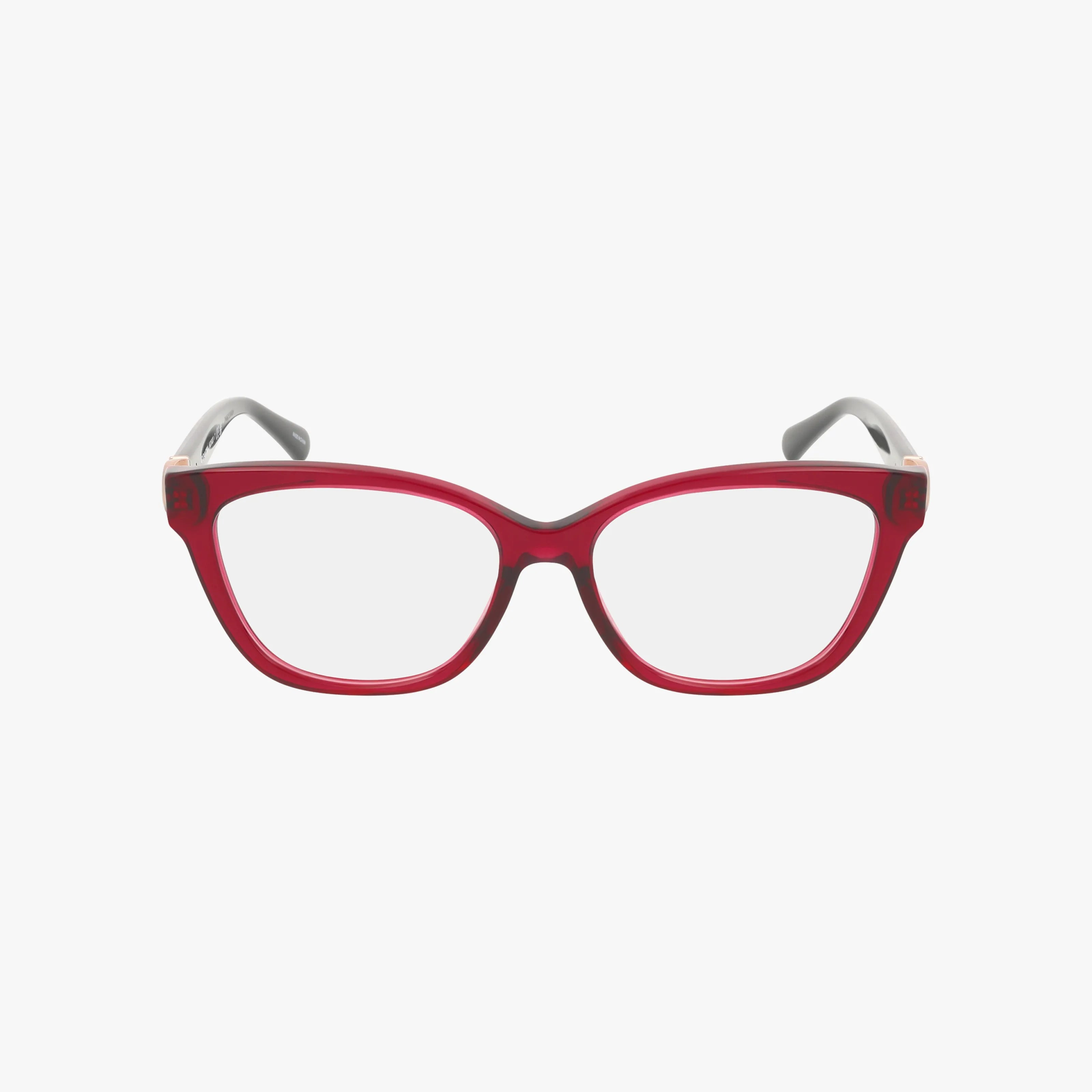 The HC6120 features red eyeglass frames with clear, slightly rounded rectangular lenses and gray temple arms, delivering a distinct style and functional design, shown from the front on a plain white background.