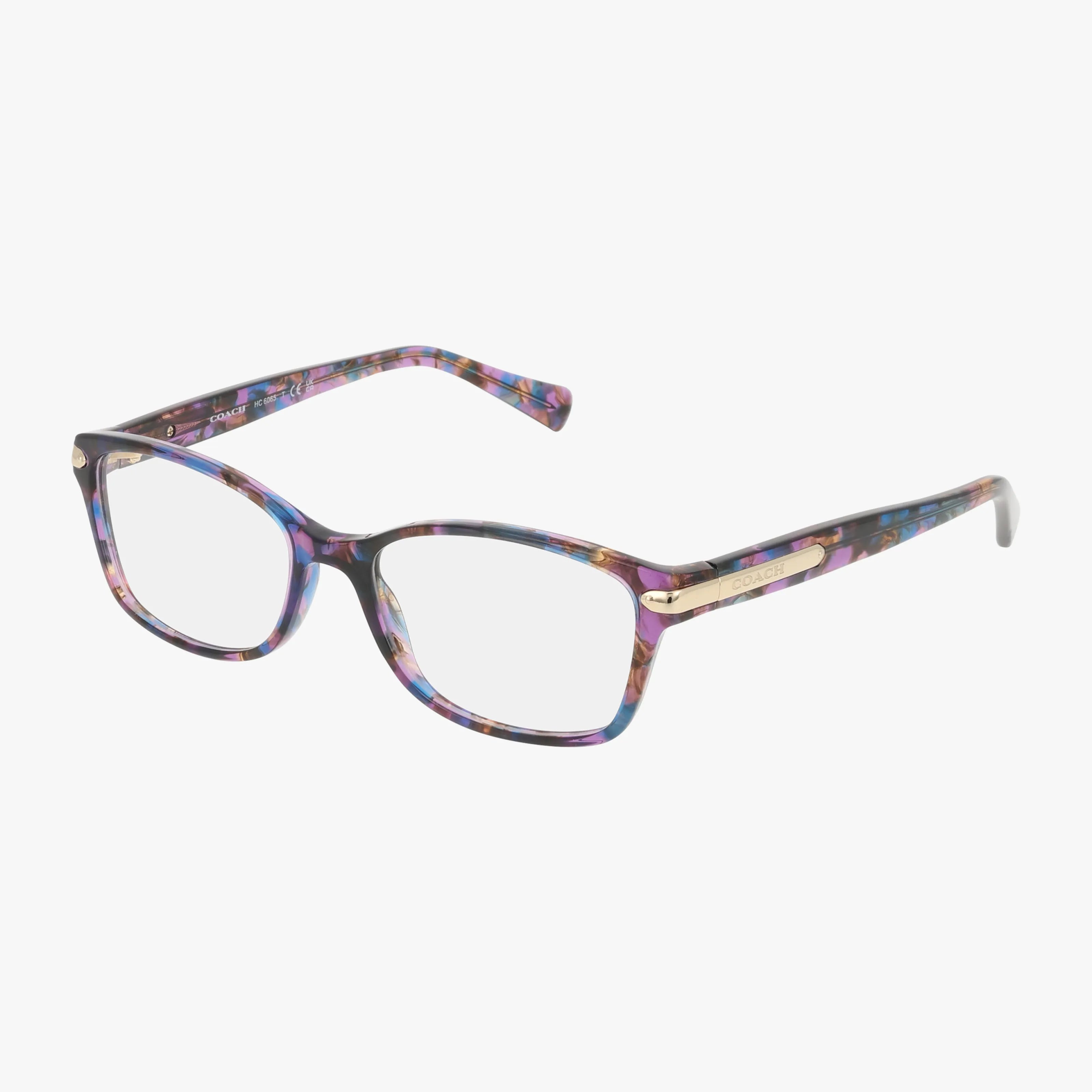 The Coach HC6065 eyewear features rectangular lenses and a multicolored marbled frame in shades of purple, blue, and gold with stylish tortoise accents, displayed on a white background.