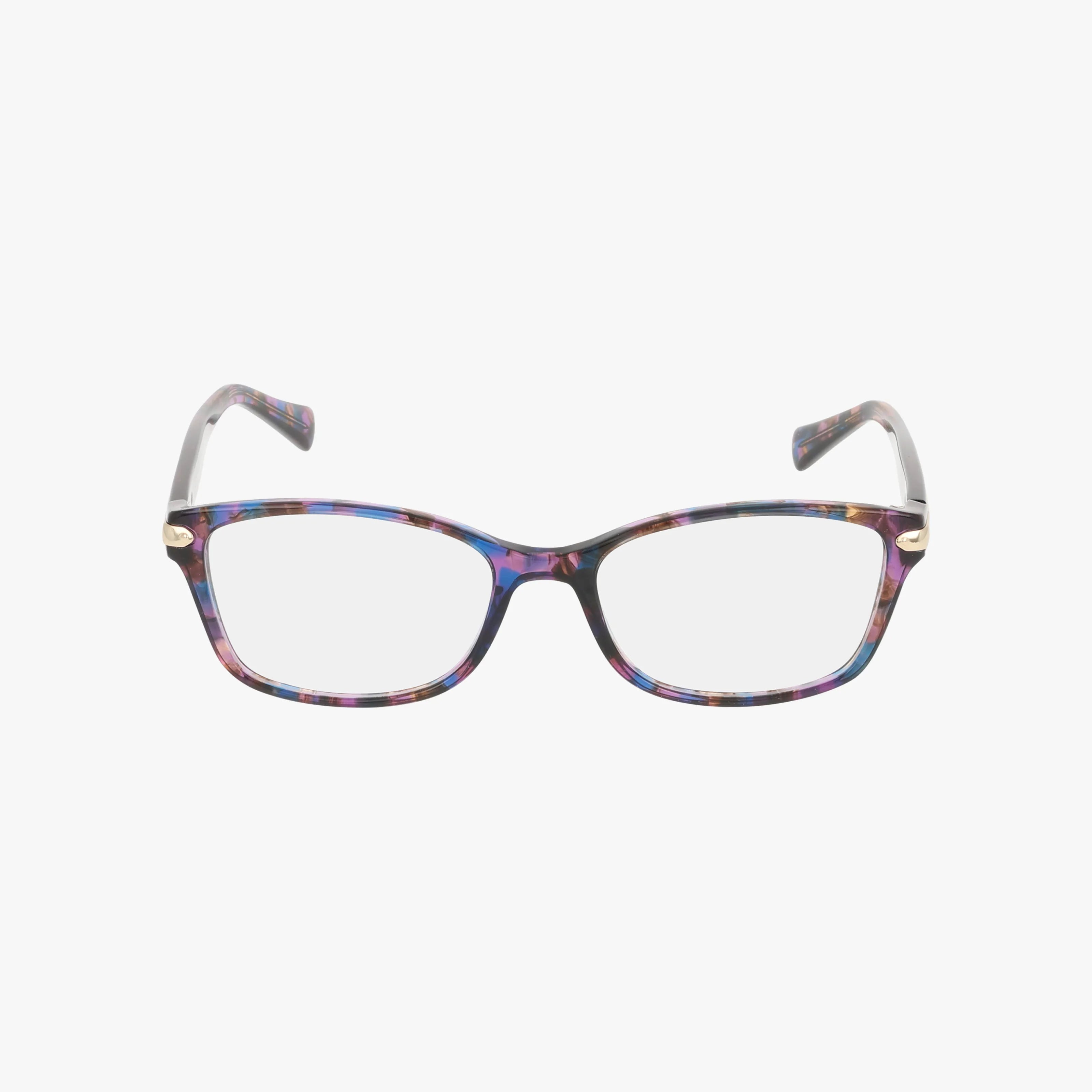 The Coach HC6065 eyewear is a rectangular pair with a multicolored marbled frame in shades of purple, blue, and brown, displayed on a white background.
