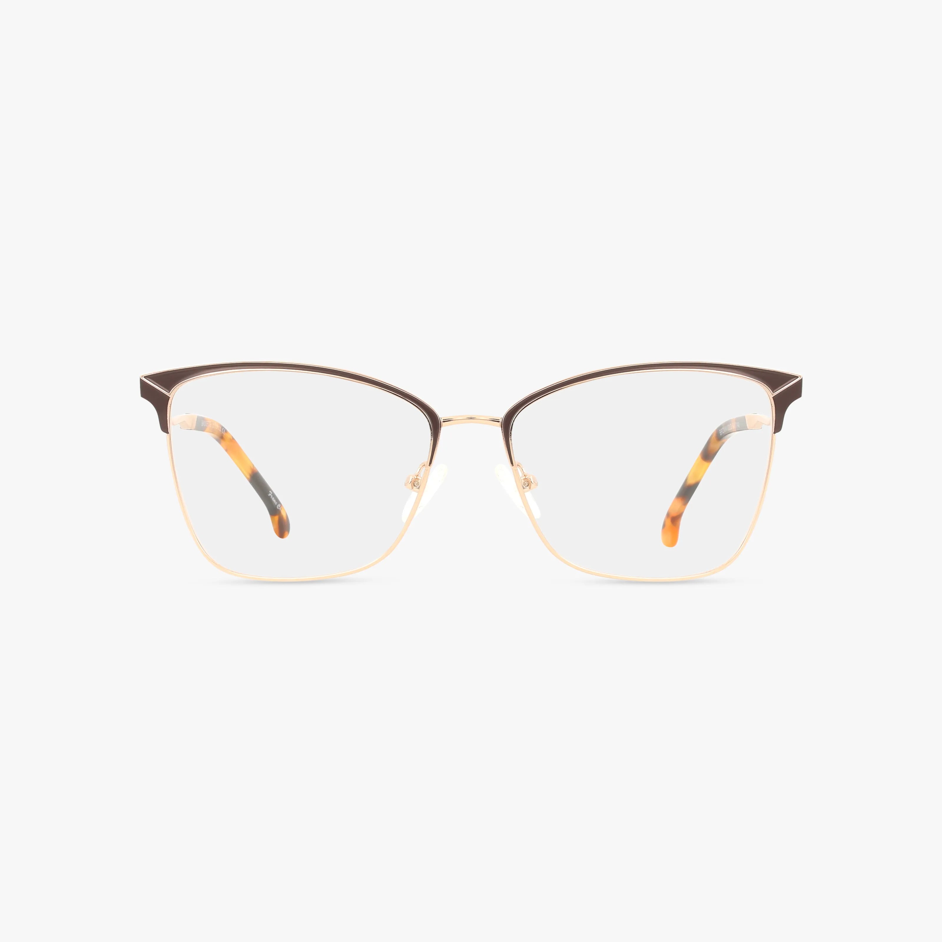BRIDGETTE eyeglasses feature gold metal frames with a subtle cat-eye shape, brown detailing on the top edges, and tortoiseshell-patterned temple tips—blending functional design and unique style for wearers seeking progressive lenses.