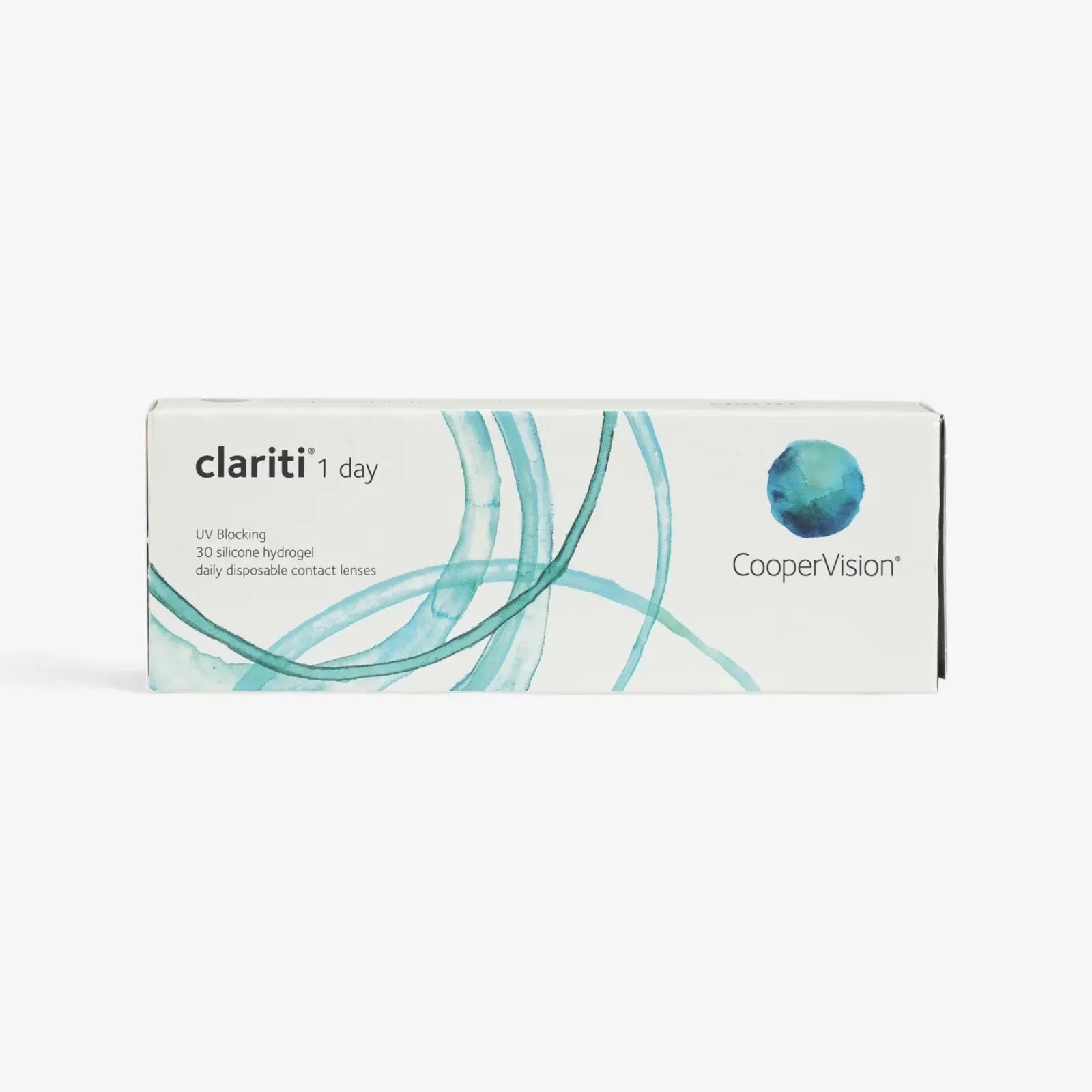Clariti 1Day Sphere 30-Pk daily disposable contacts by CooperVision feature a white box with blue and teal circular designs. Buy Clariti 1Day contacts online for convenience.