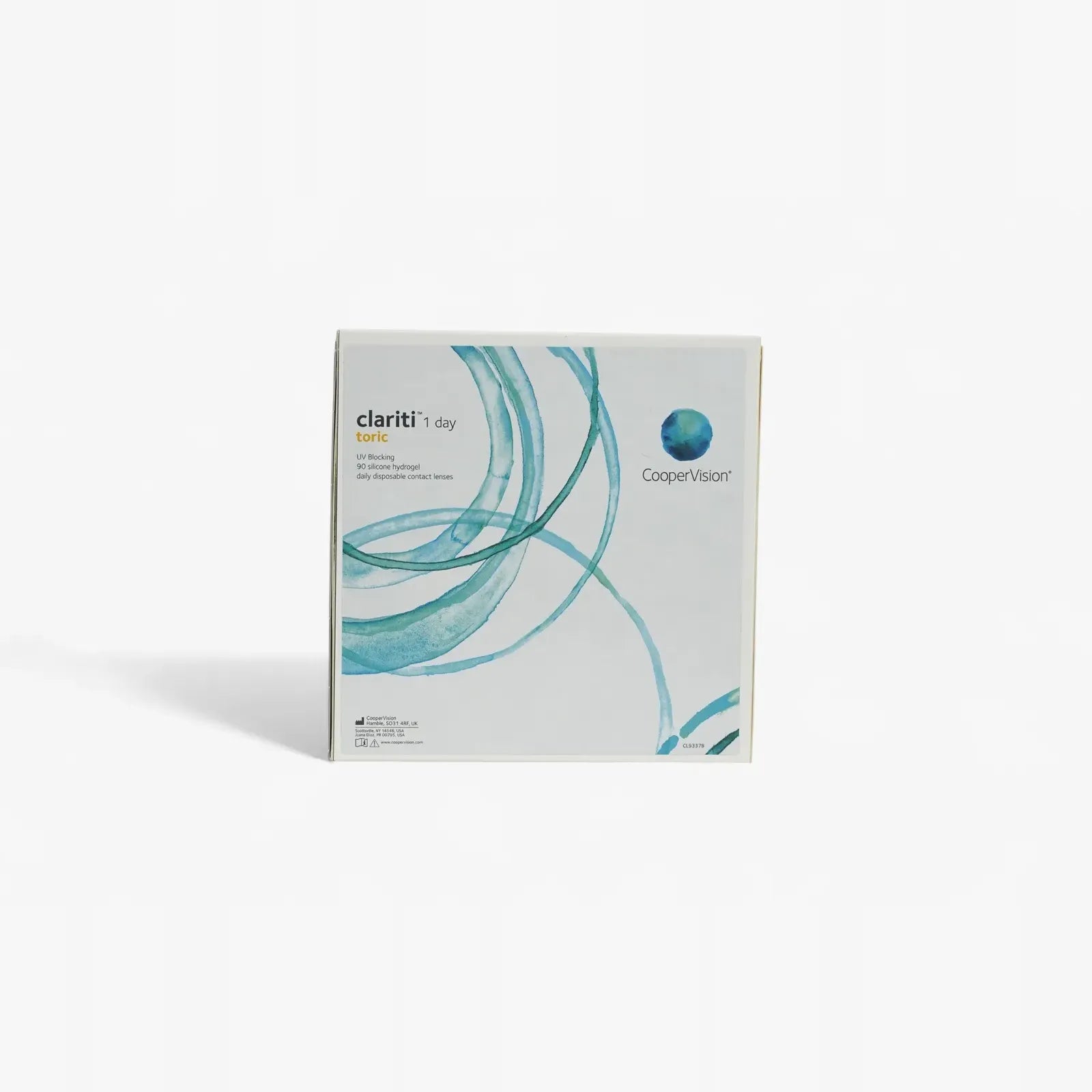 A box of Clariti 1Day Toric 90-Pk daily contact lenses by CooperVision features blue and teal swirl designs on a white background.