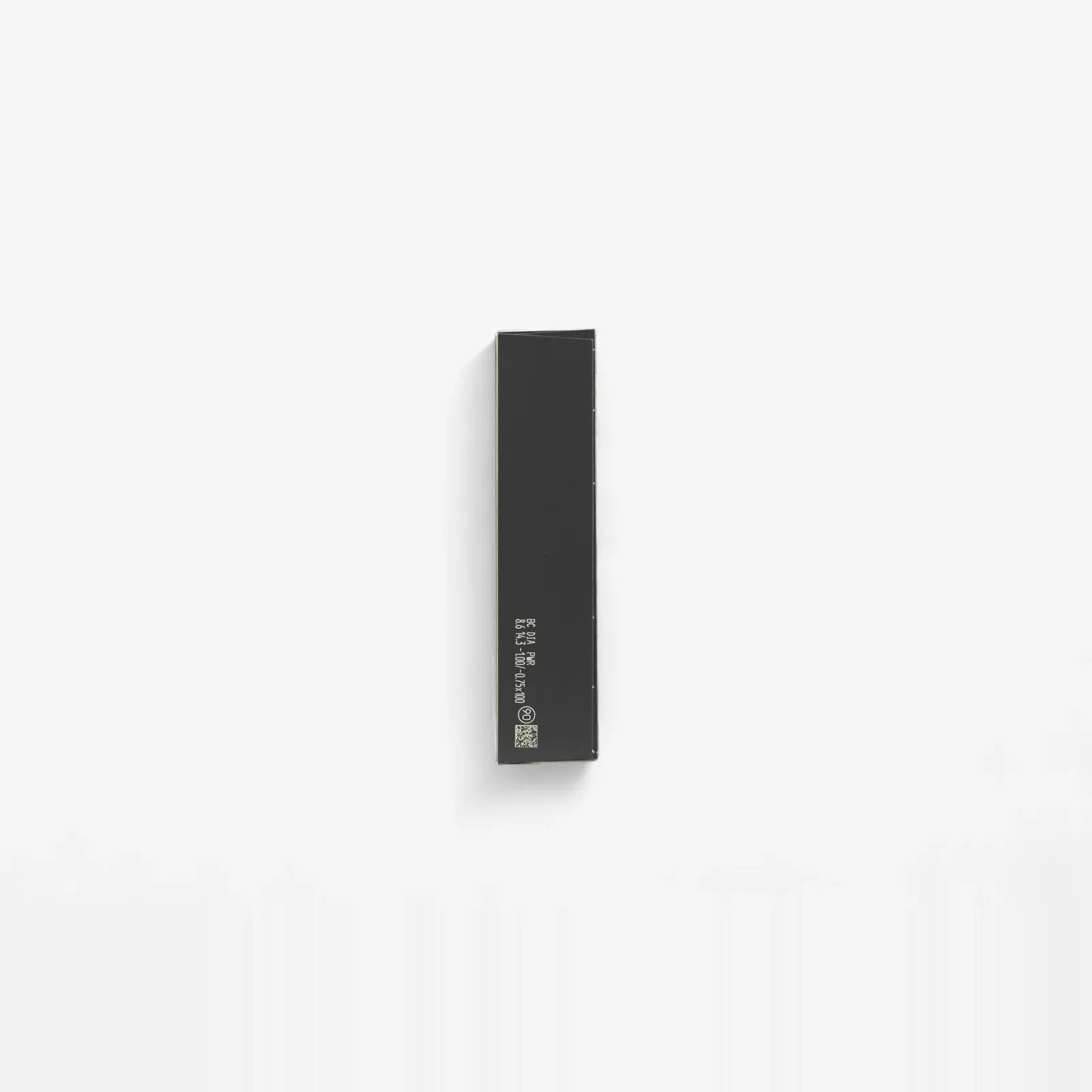 A slim, rectangular black box with small white text and symbols on one side stands vertically on a plain white background—packaging for Clariti 1Day Toric 90-Pk daily contact lenses.