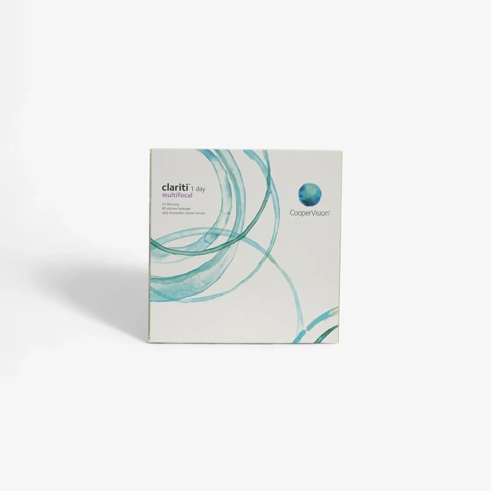A box of Clariti 1Day Multifocal 90-Pk contact lenses, featuring a white background with teal circular designs and the CooperVision logo, designed for all-day comfort.