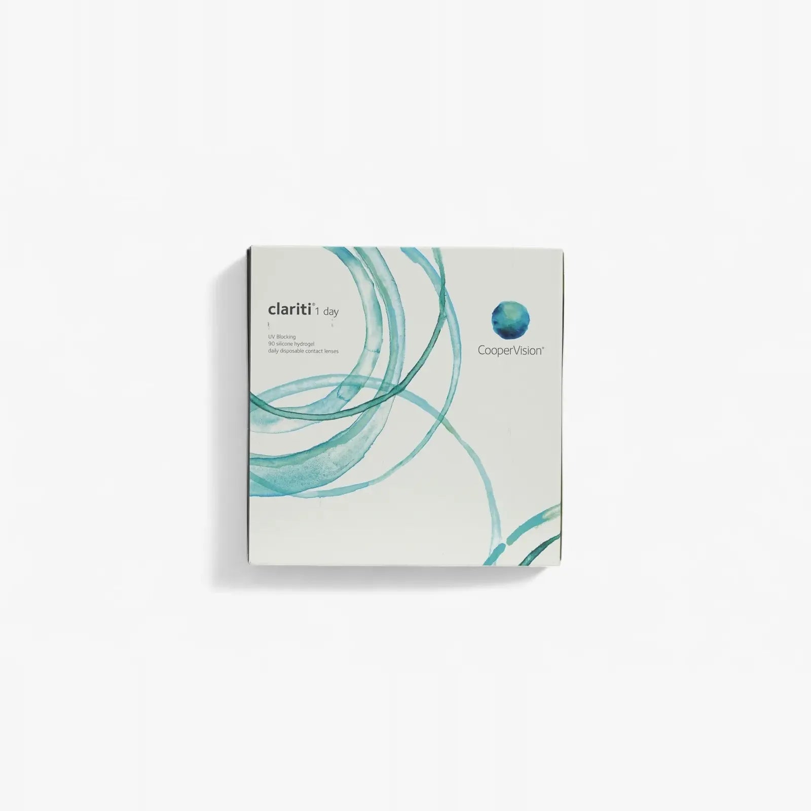 A white box of Clariti 1Day Sphere 90-Pk contact lenses, adorned with teal circular designs and the CooperVision logo, showcases these advanced silicone hydrogel daily lenses.