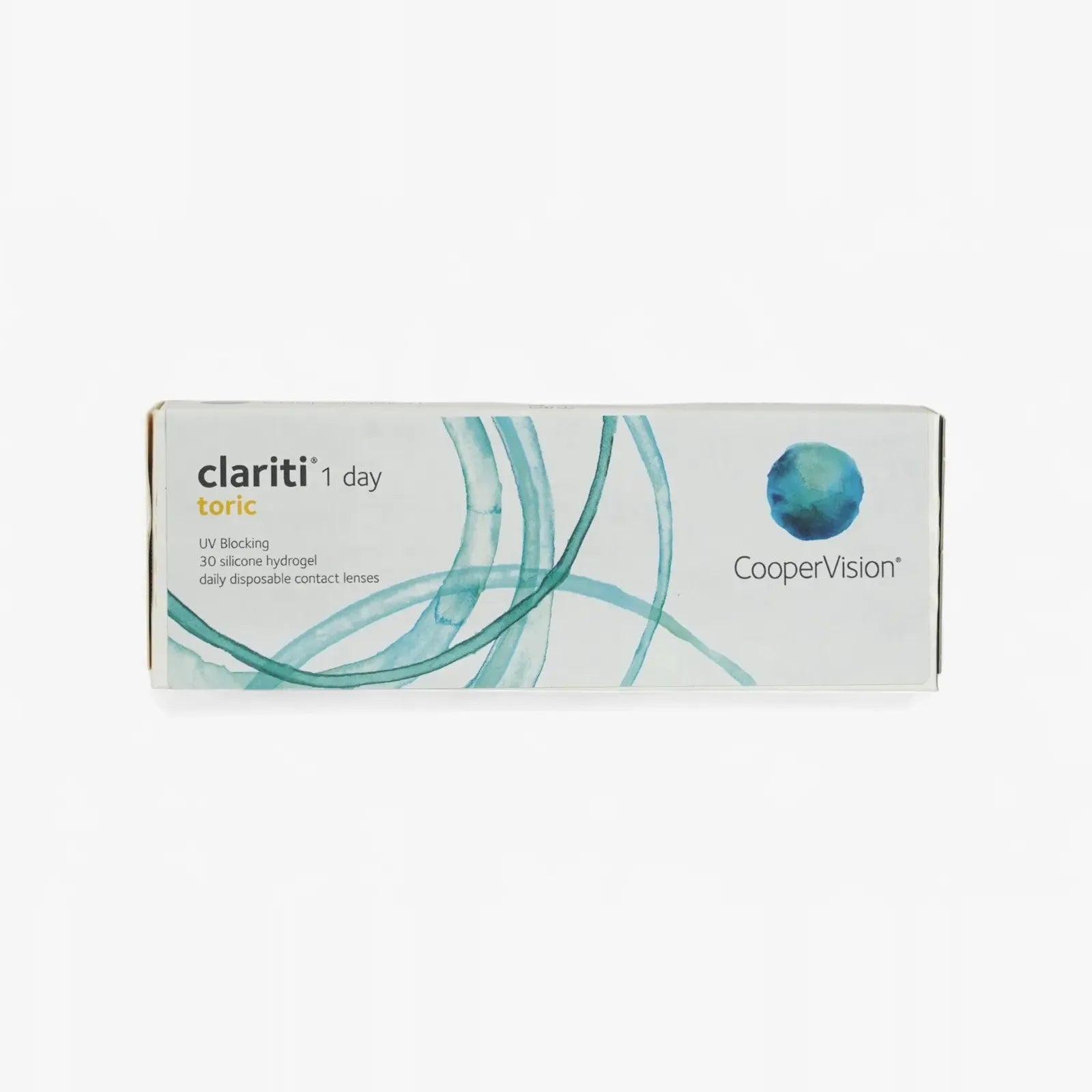 A box of Clariti 1Day Toric 30-Pk daily contact lenses by CooperVision, with blue circular designs and product details on a white background.