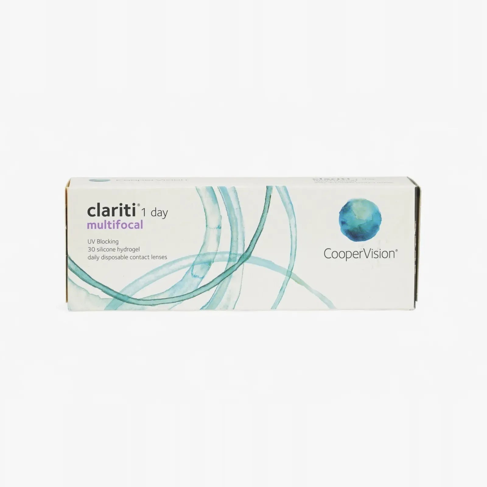 A box of Clariti 1Day Multifocal 30-Pk daily disposable contact lenses with a white background, blue and green circular line accents, all-day comfort, and the product name in the upper left corner.