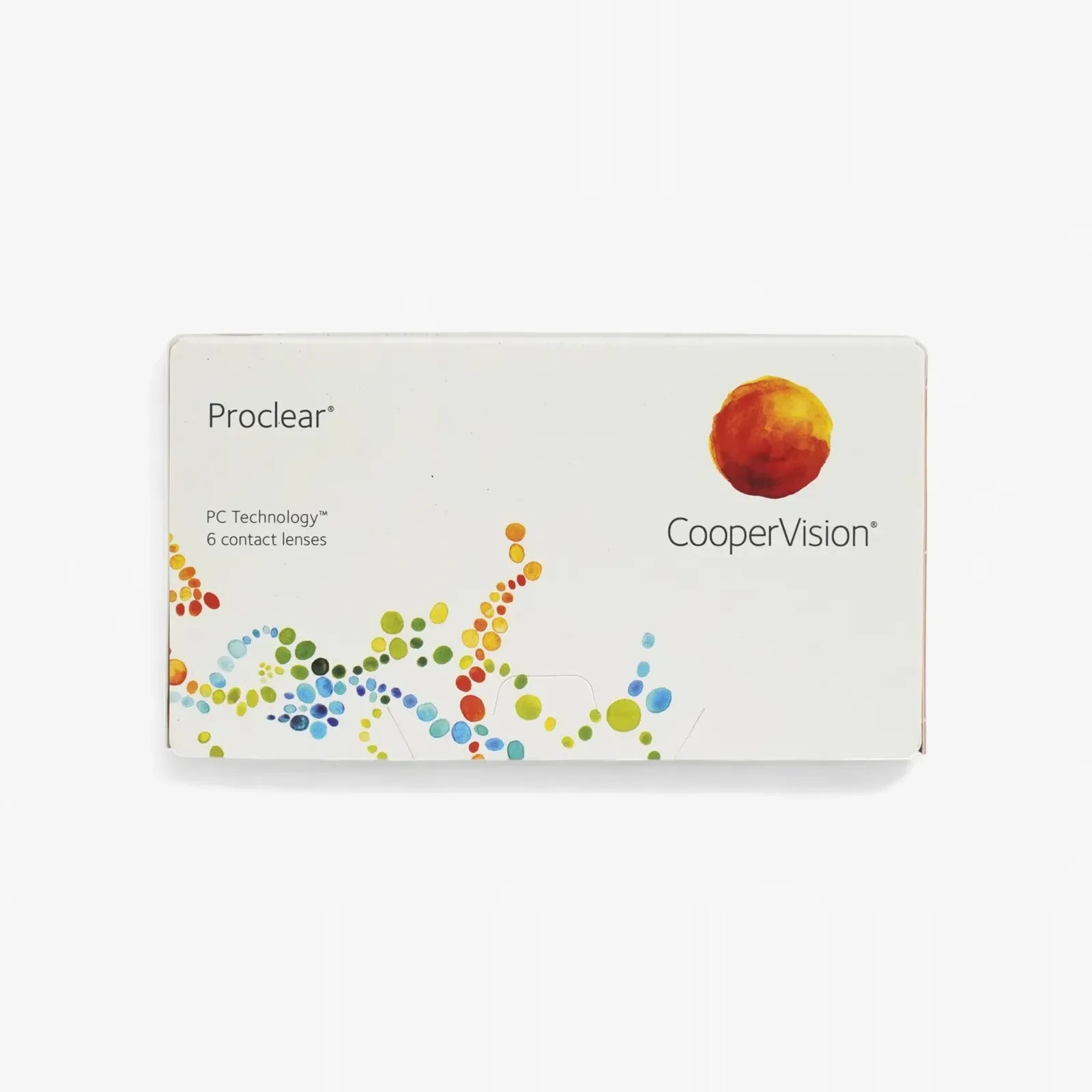 A box of Proclear Sphere - 6 Pack contacts sits on a white background with a colorful dotted design and orange circle logo at the top right. The text reads “Proclear” and “PC Technology 6 hydrated contact lenses.”.