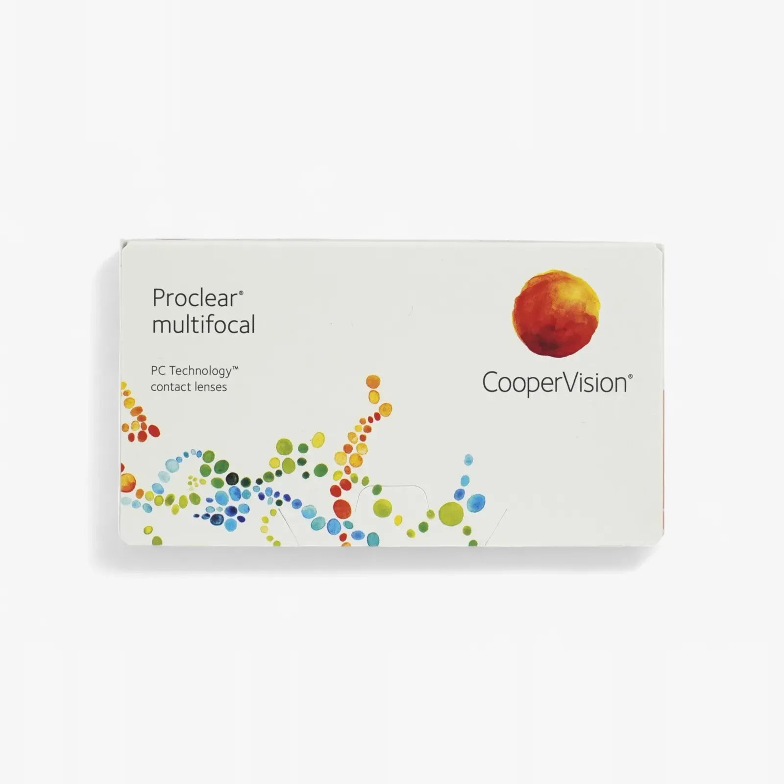 A box of Proclear Multifocal Toric - 6 Pack contact lenses, designed for astigmatic presbyopes, with a white background, colorful dotted patterns, and an orange circle logo in the top right corner.