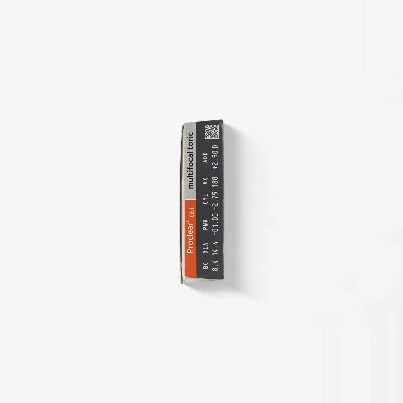 A rectangular Proclear Multifocal Toric - 6 Pack contact lens box is photographed on a white background, displaying lens specifications in white text on a gray side panel with an orange accent. Suitable for astigmatic presbyopes.