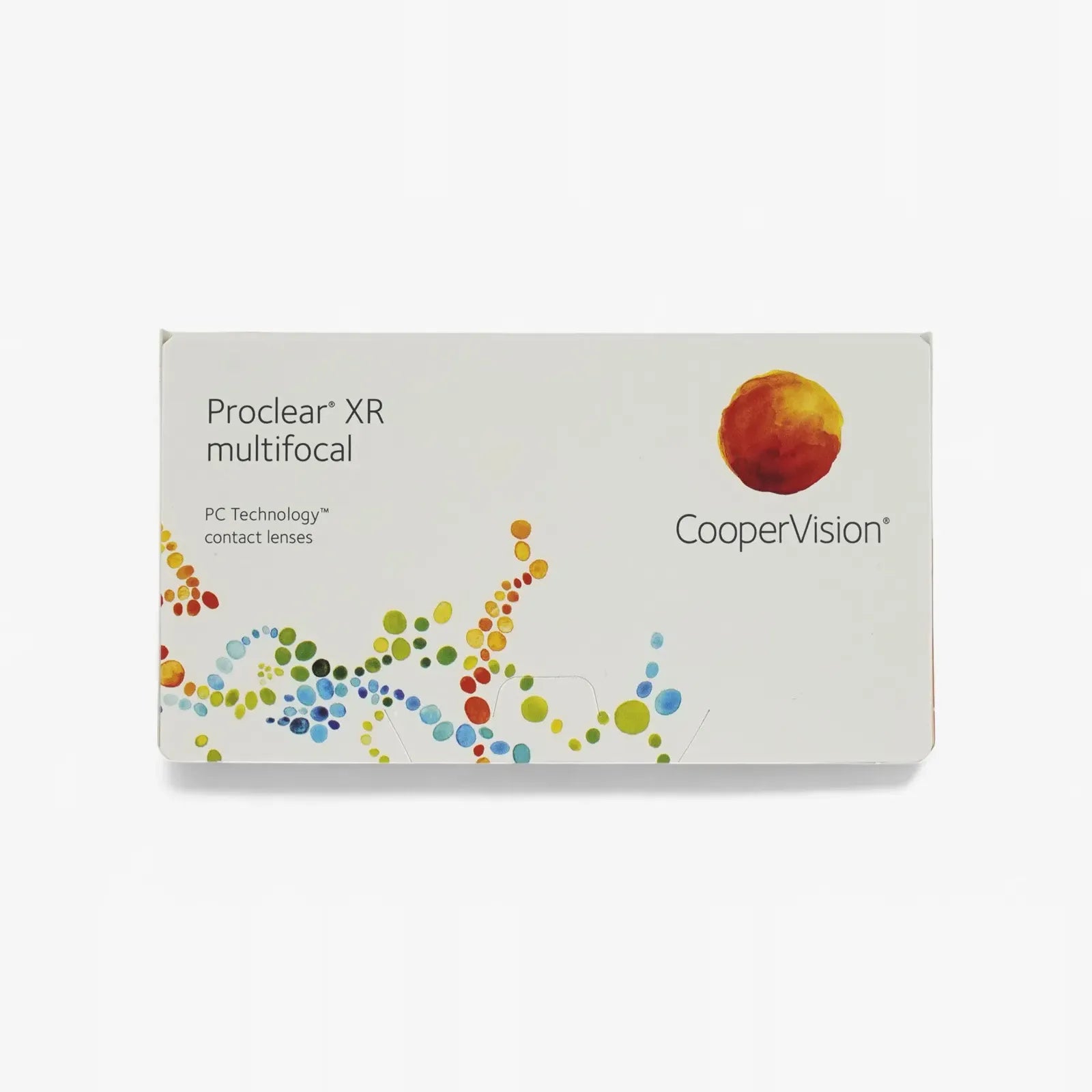 A box of Proclear Multifocal XR - 6 Pk contact lenses for presbyopia with a white background, colorful dotted patterns, and the CooperVision logo in the upper right corner.
