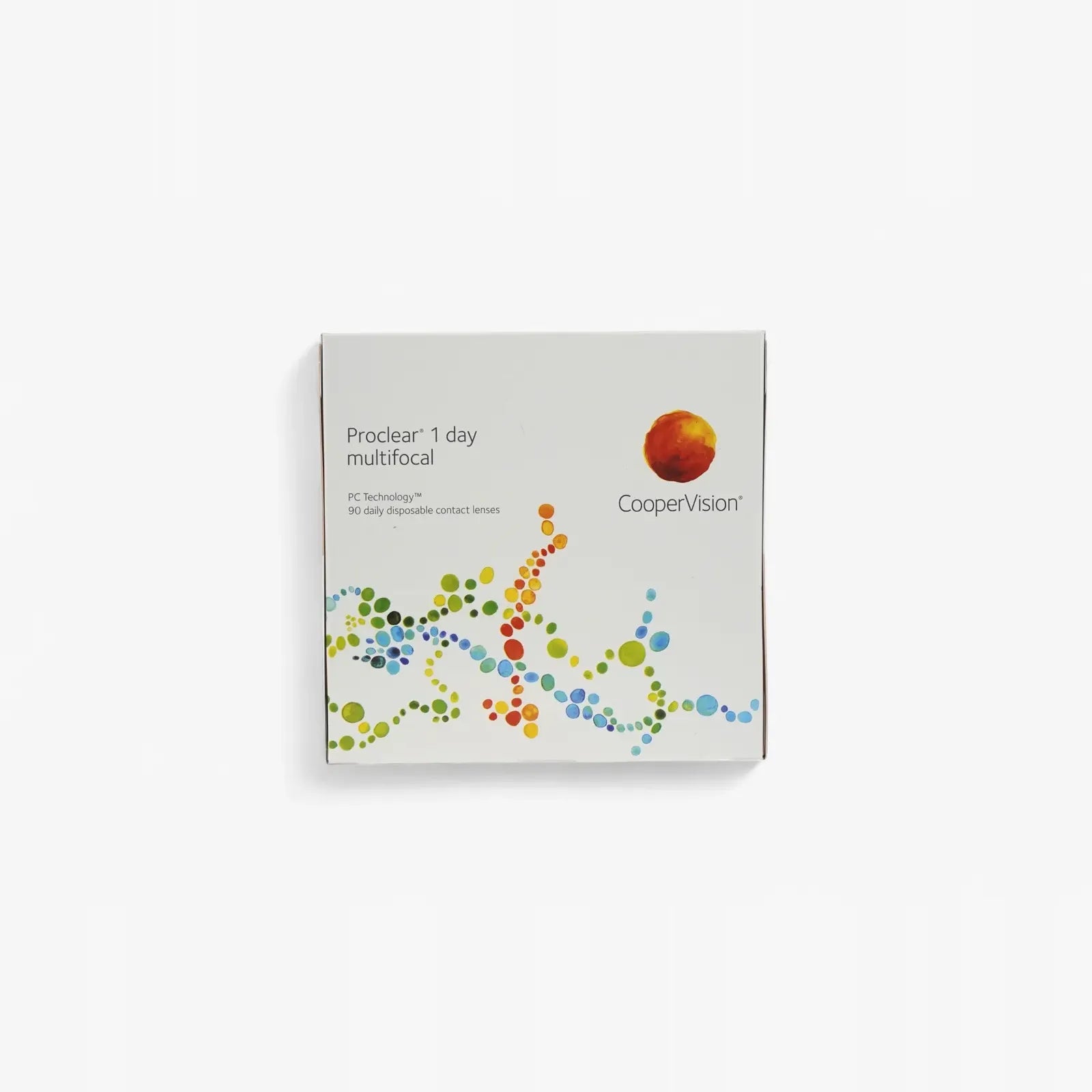 A white box of Proclear 1 Day Multifocal - 90 Pk, with colorful dotted lines and a red-orange circular logo on the front—perfect for those exploring vision insurance options.