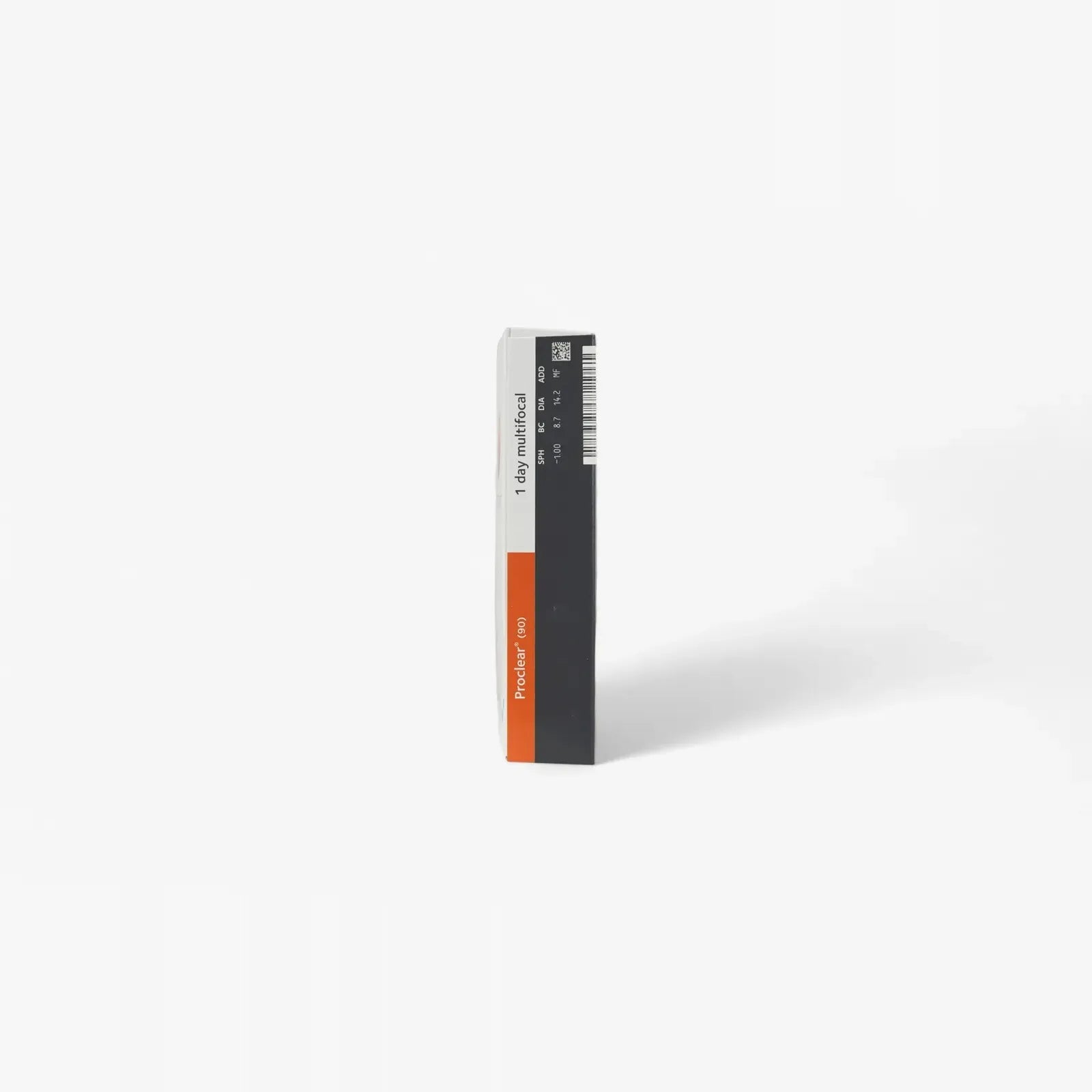 A single rectangular box of Proclear 1 Day Multifocal - 90 Pk contact lenses stands upright on a white background, featuring white, black, grey, and orange colors with printed text on the sides.
