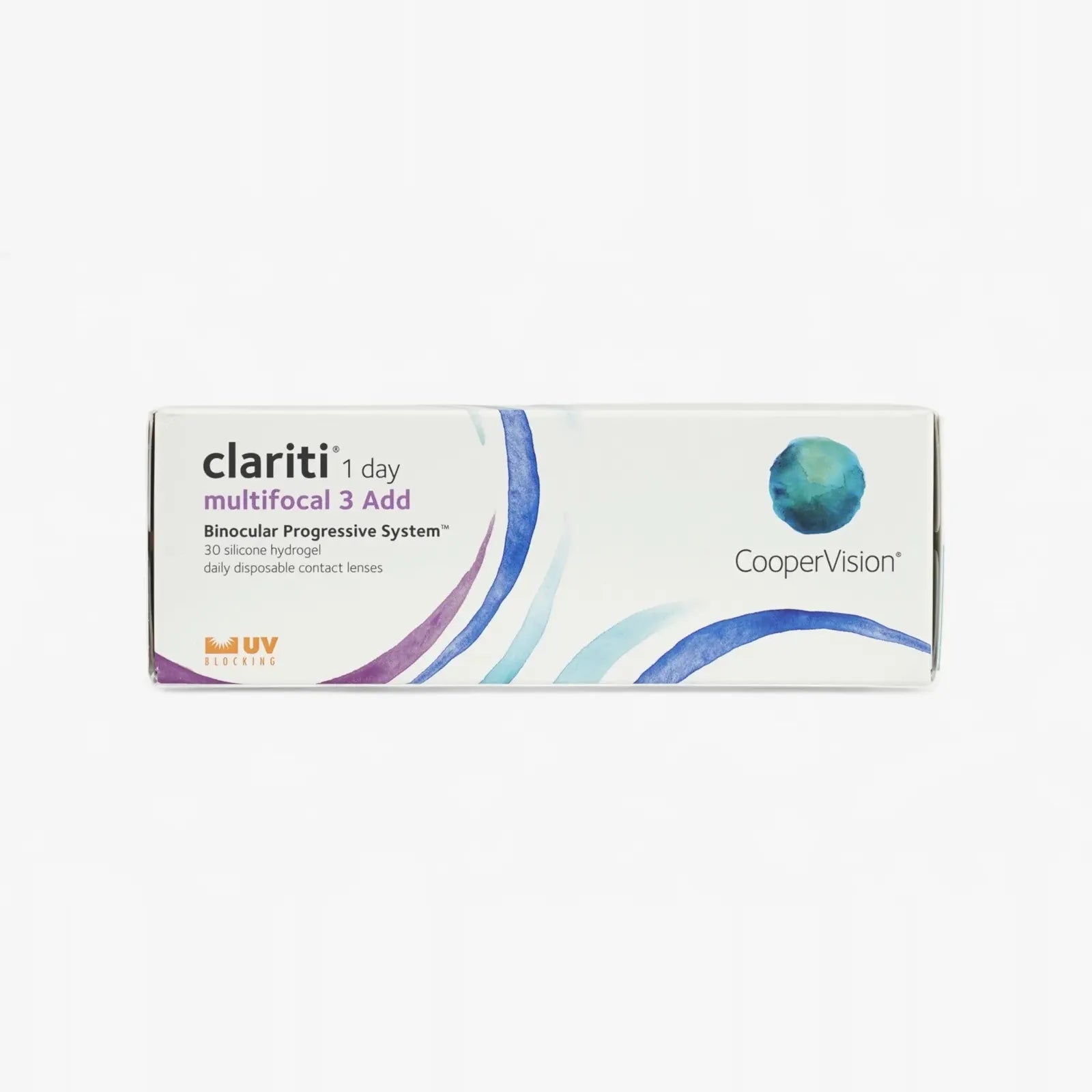 Clariti 1Day Multifocal 3Add 30-Pk by CooperVision comes in a sleek box with blue and green accents on a white background—ideal for convenient, clear vision when buying contact lenses online.