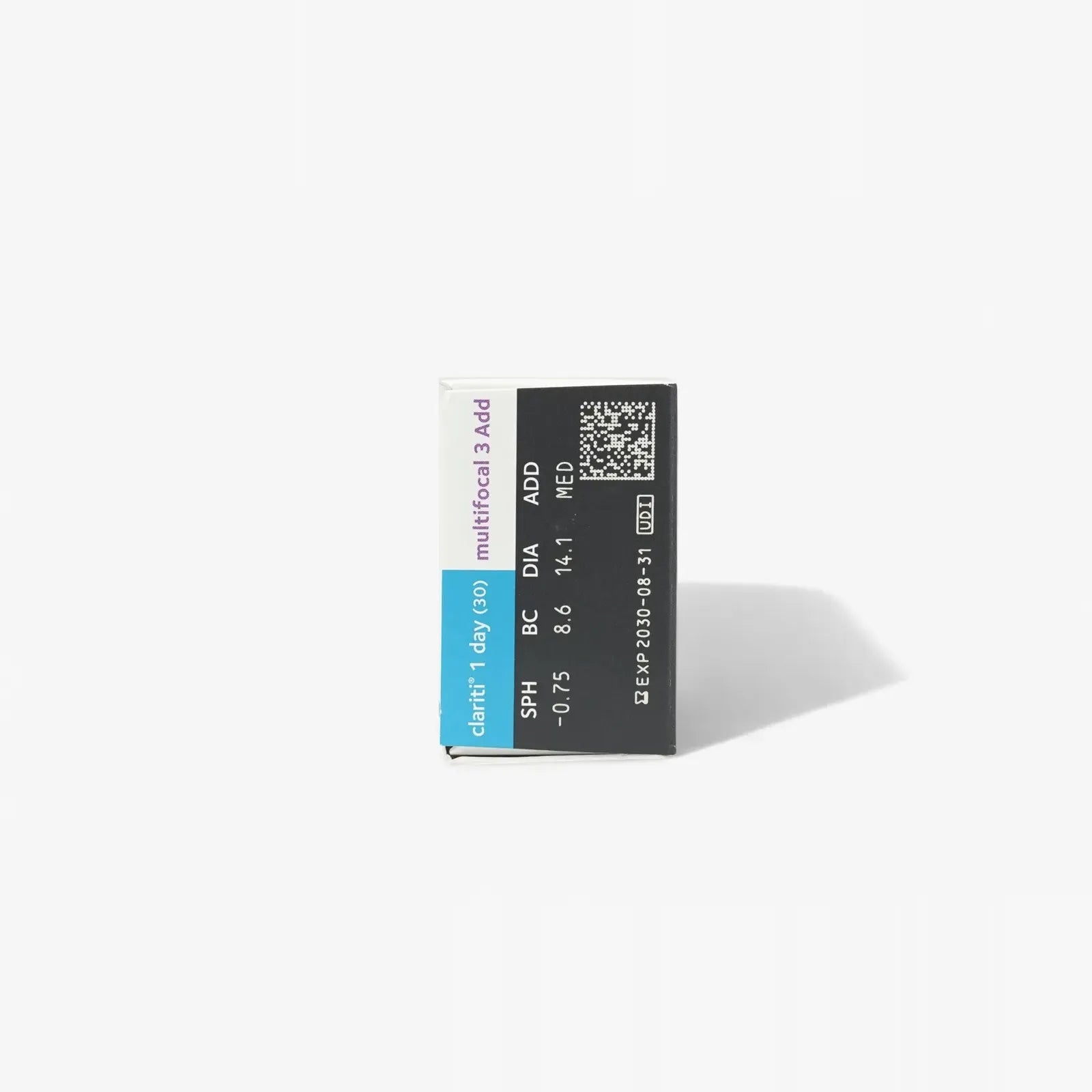 A small rectangular box labeled Clariti 1Day Multifocal 3Add 30-Pk with prescription details and a QR code, standing upright on a white background—ideal for those buying contacts online or seeking daily multifocal lenses.