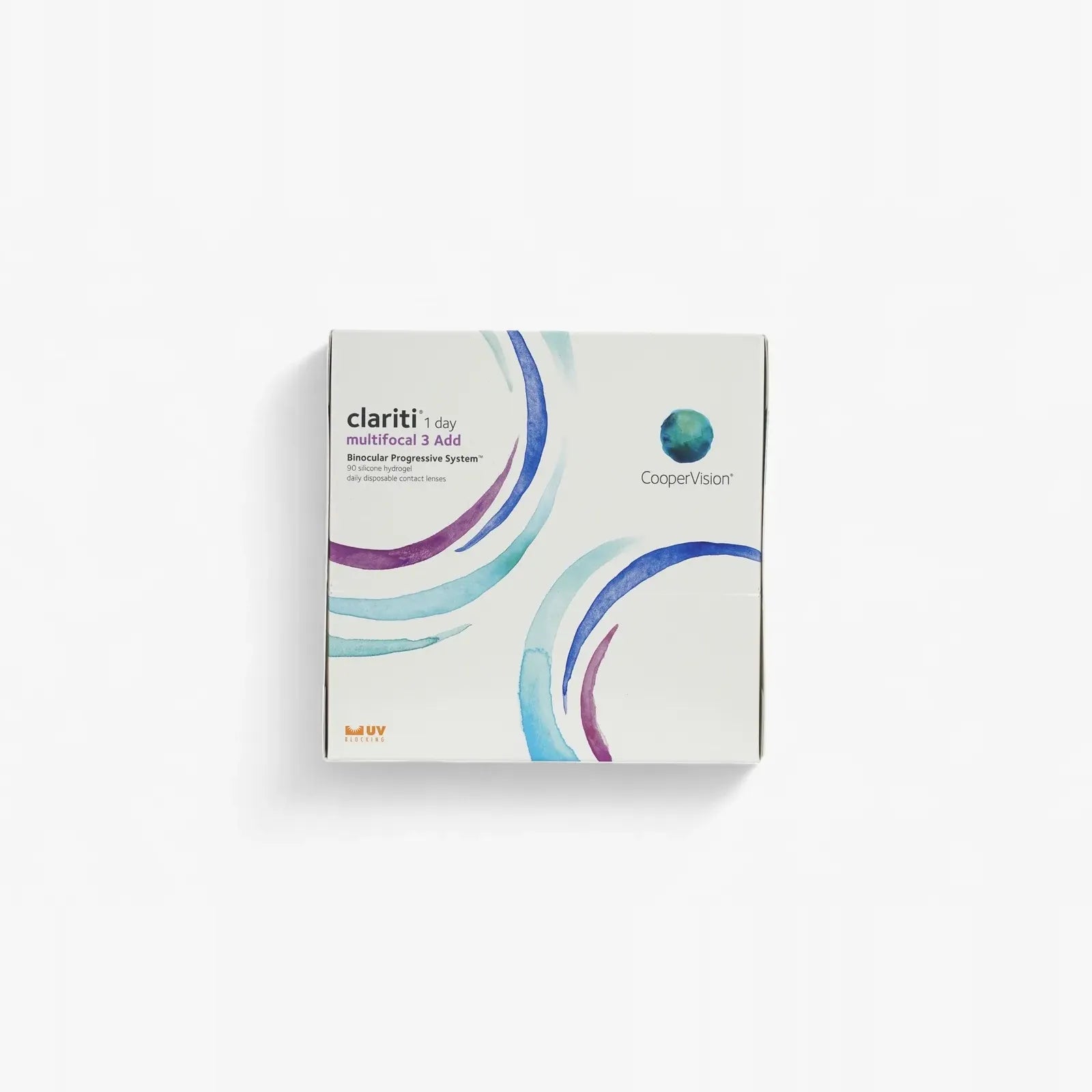 A white box of Clariti 1Day Multifocal 3Add 90-Pk daily contact lenses with blue and purple wave designs and the CooperVision logo—ideal for convenient, comfortable vision correction when buying contacts online.