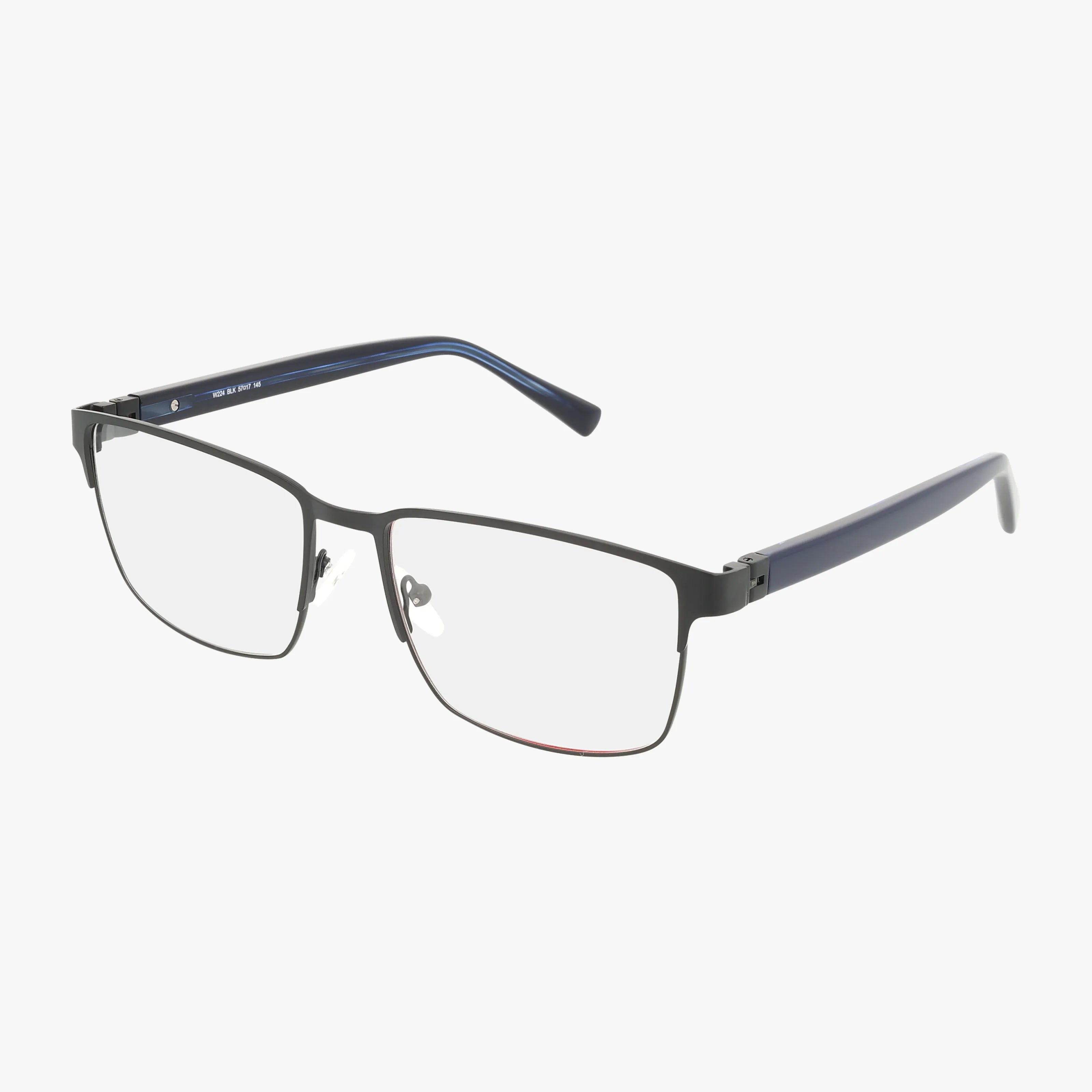 The W224 eyeglasses feature a sophisticated rectangular frame with thin black metal fronts and dark blue arms, offering both style and durability. Displayed on a white background.
