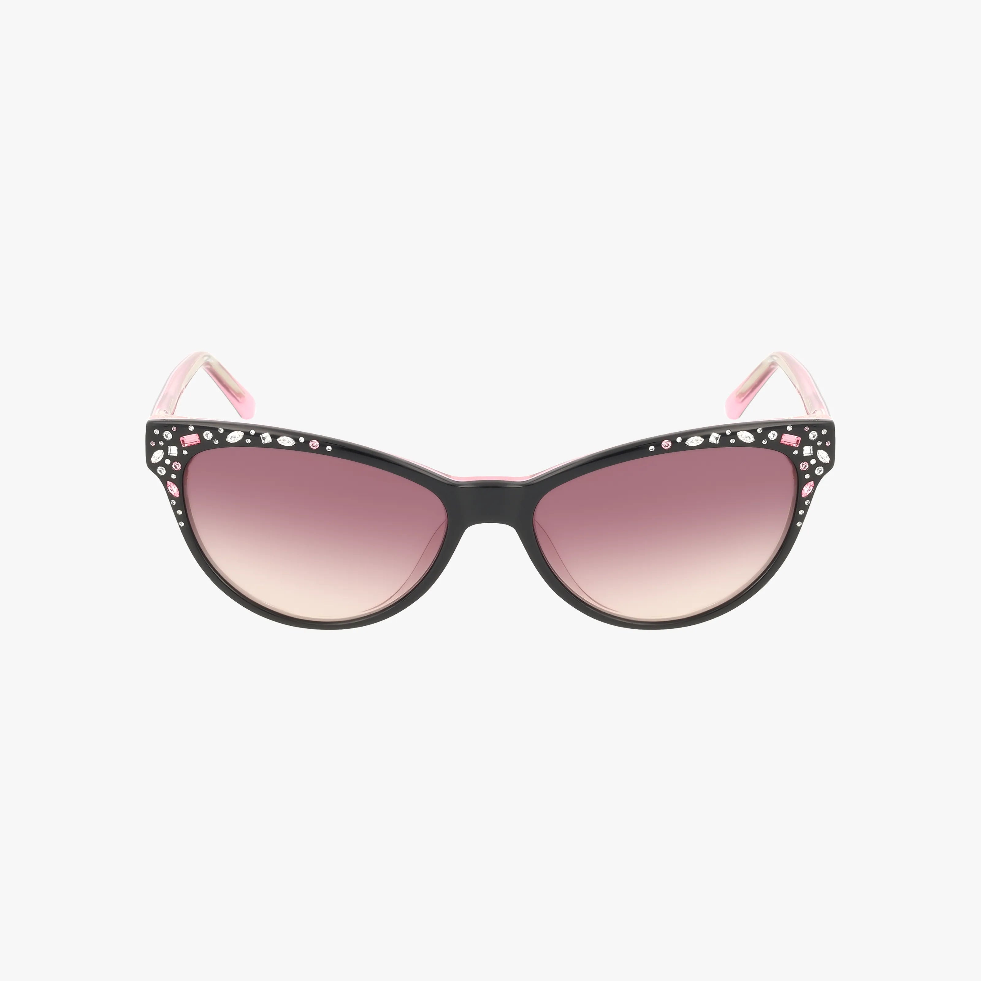 The BB7024 sunglasses feature black and pink cat-eye frames with white polka dots on the top edge, tinted pink-to-clear lenses, and light pink lining on the arms for a fashionable, standout style.