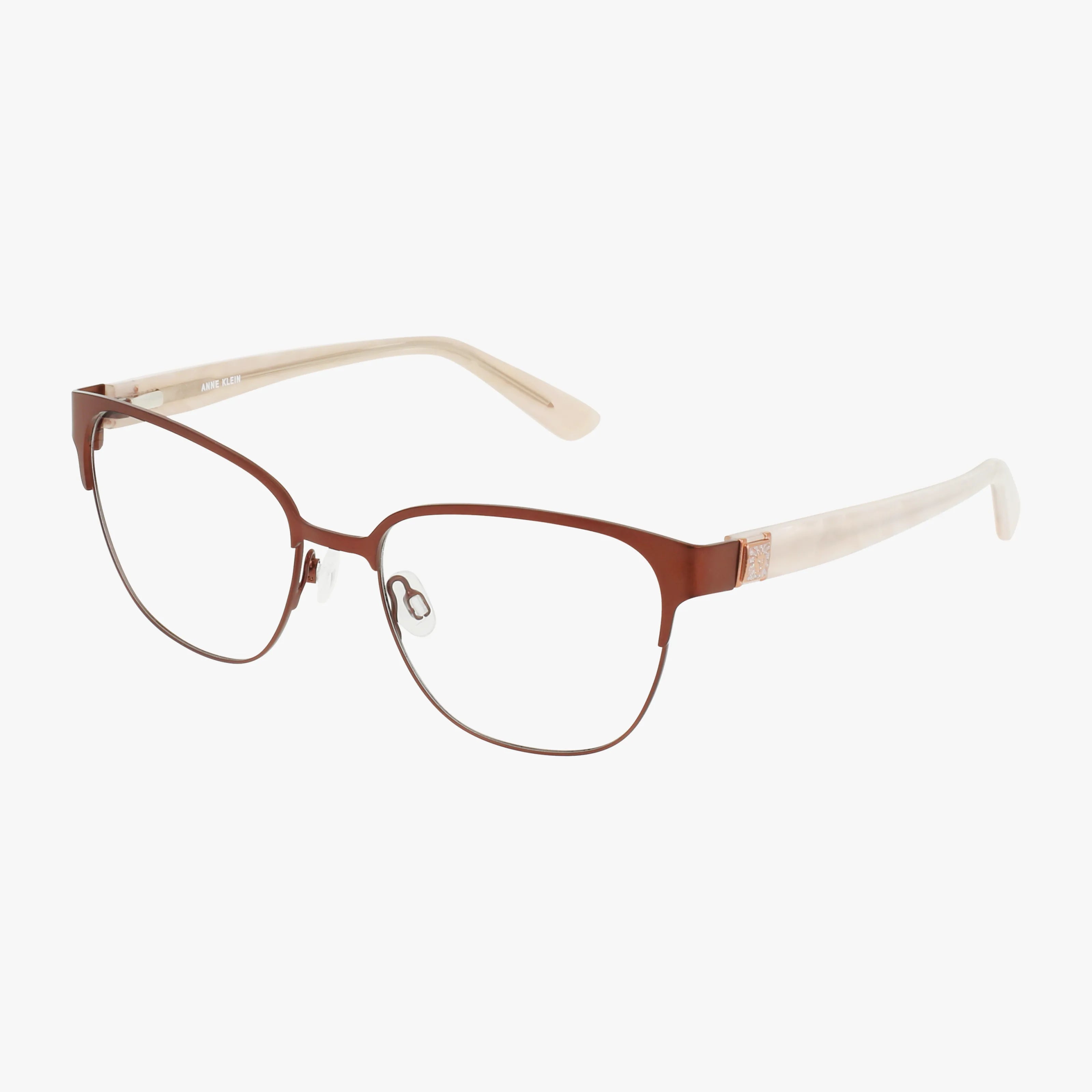 The AK5122 eyeglasses feature brown metal frames, beige plastic arms, clear nose pads, and slightly rounded rectangular lenses for a classic yet modern look—shown on a white background.