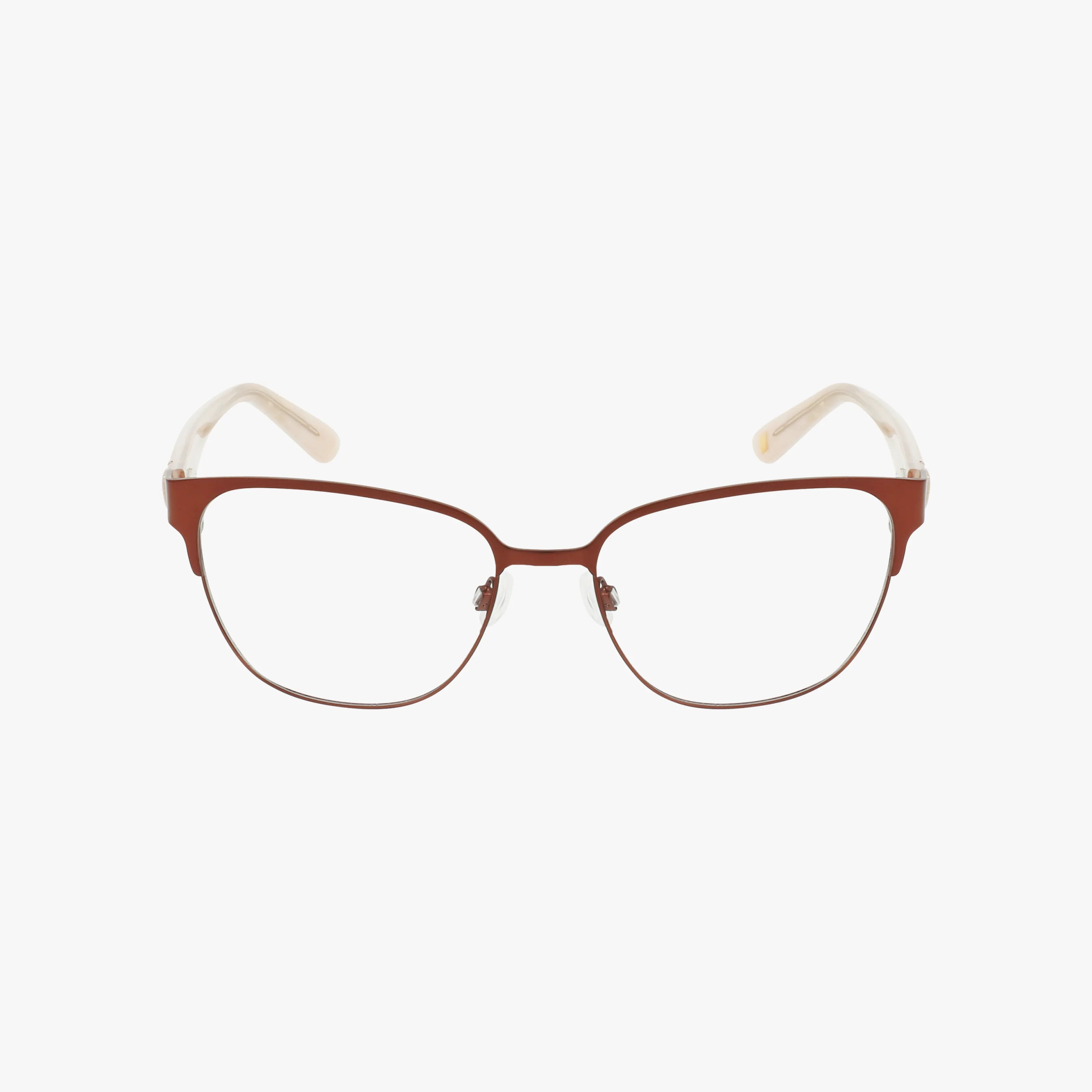 The AK5122 eyeglasses feature thin brown cat-eye frames with cream temple tips, blending classic design with modern materials, and are displayed on a white background.