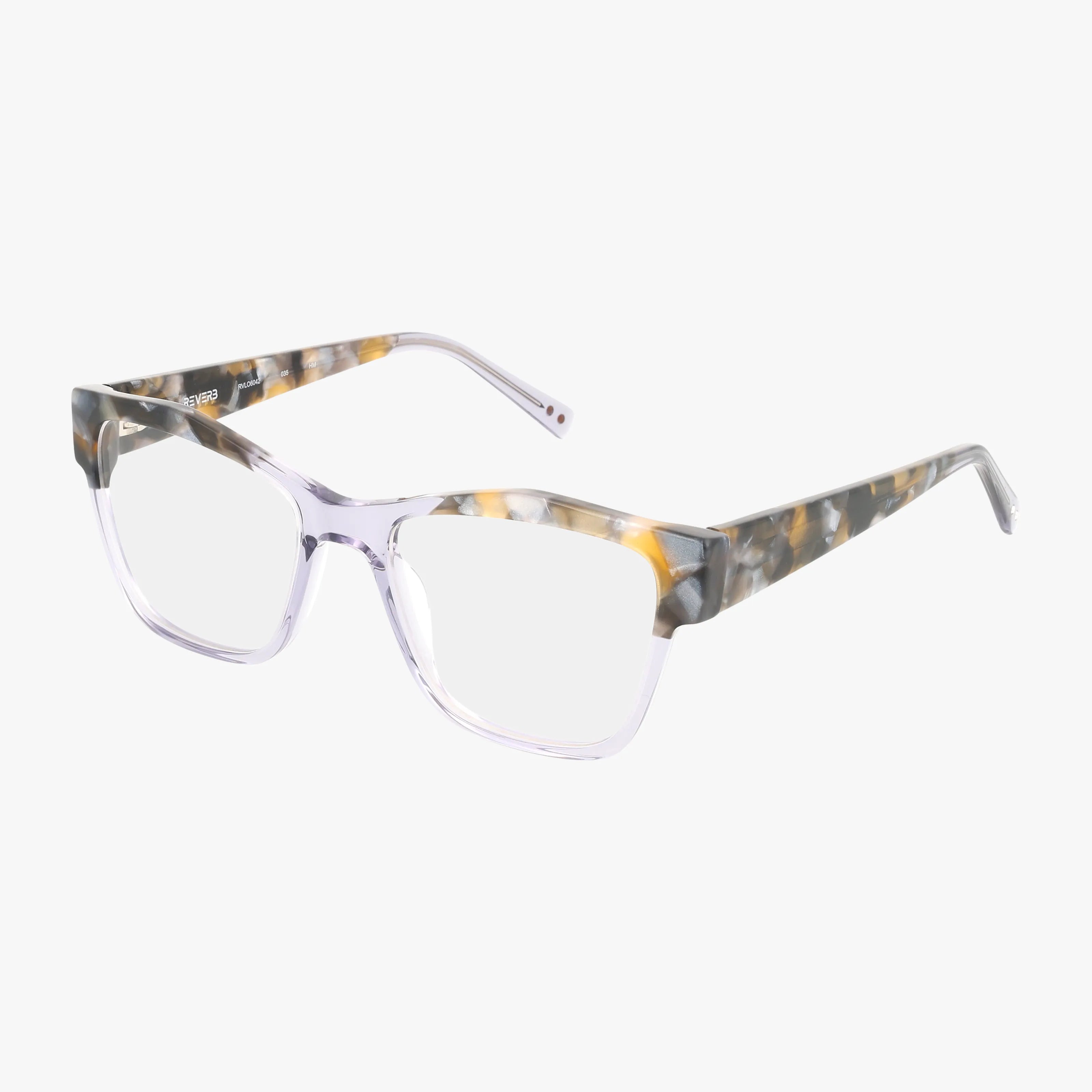 The RVLO6042 eyeglasses feature clear square rims and thick, multi-colored tortoiseshell-patterned temples and arms, combining distinctive style with functional design against a white background.