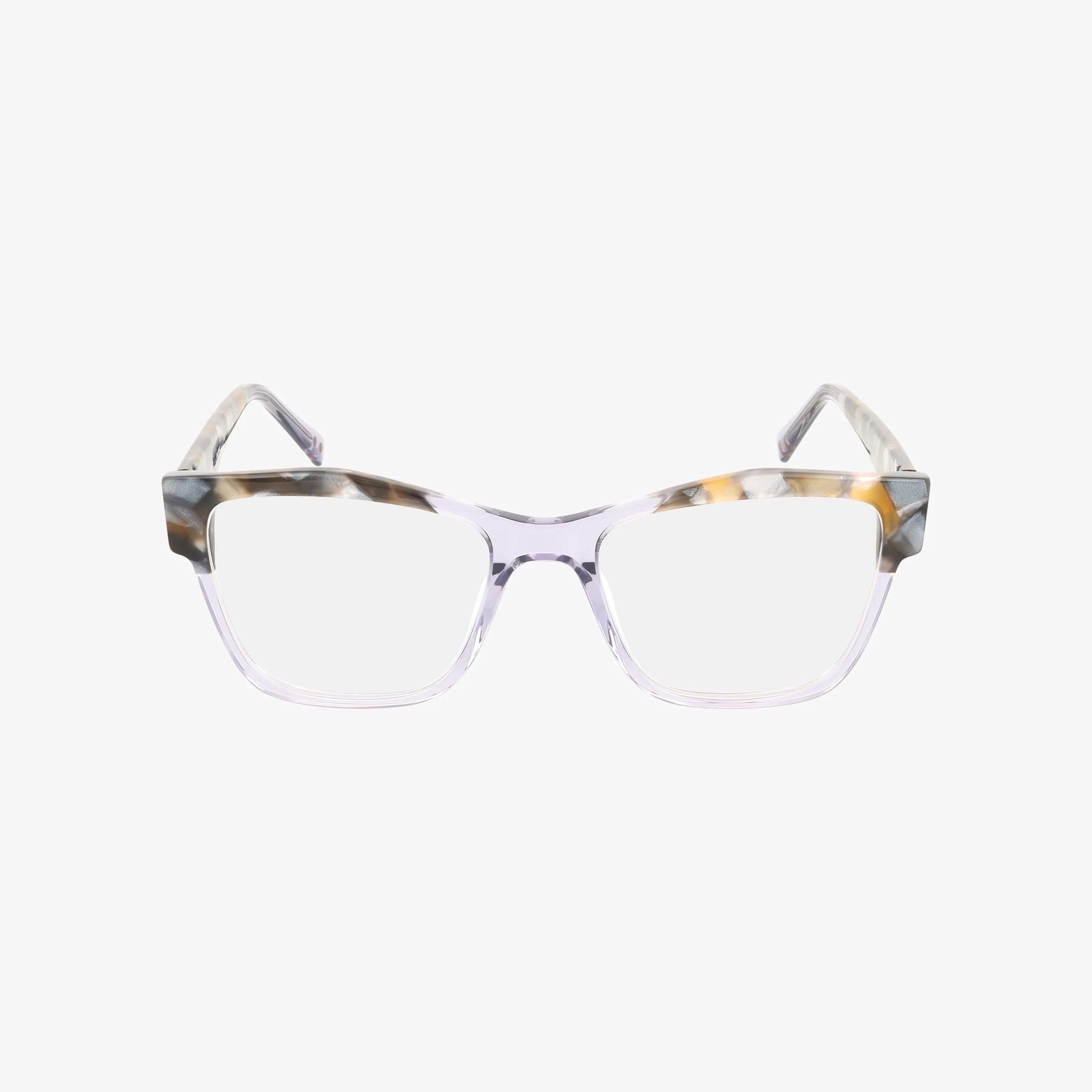 The RVLO6042 eyeglasses feature a square frame with clear, translucent fronts and tortoiseshell-patterned accents on the upper edges and arms, blending style and function—ideal for progressive lenses. Shown on a plain white background.