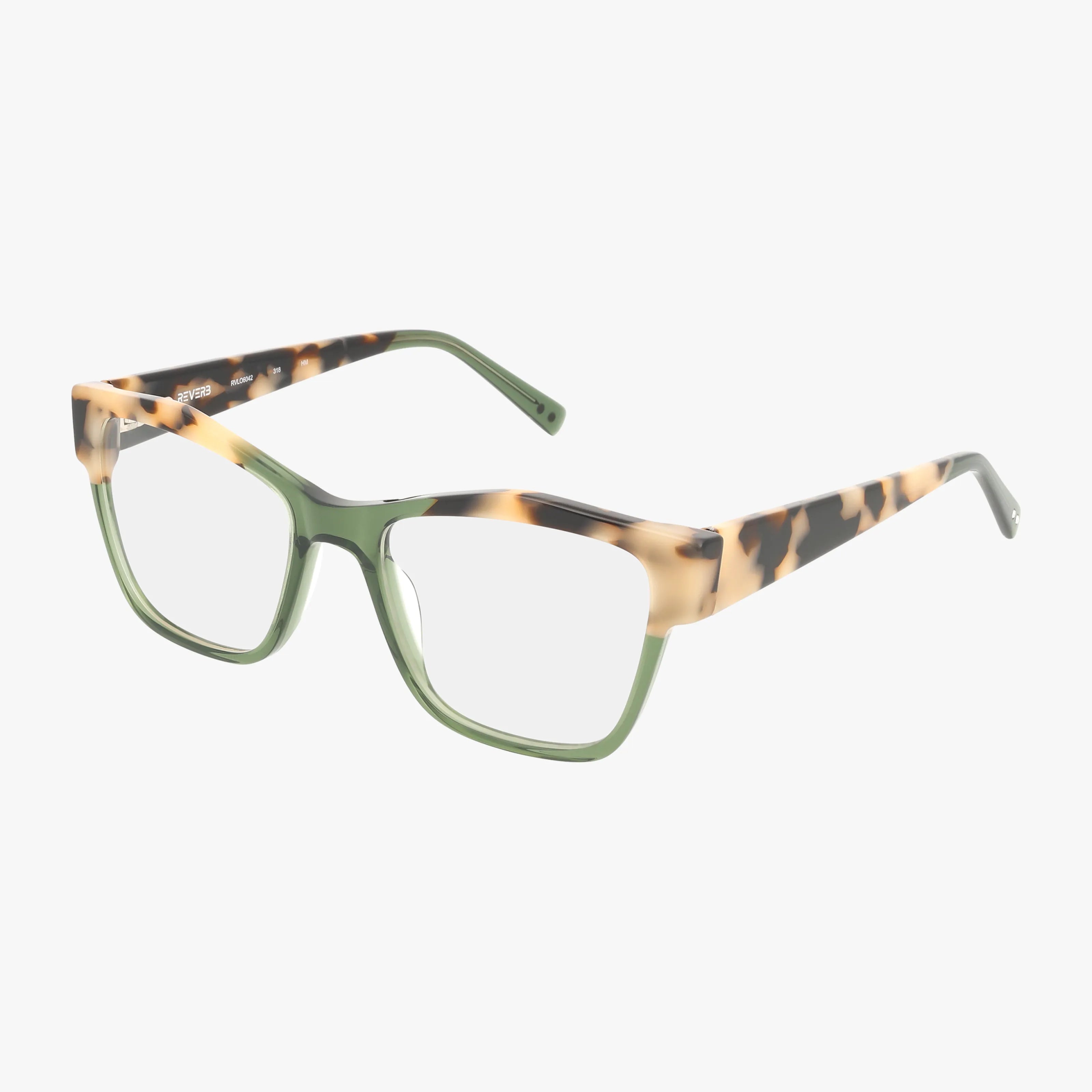 The RVLO6042 eyeglasses feature square lenses, green translucent front frames, and tortoiseshell-patterned arms for a unique blend of style and function. The product is displayed against a white background.