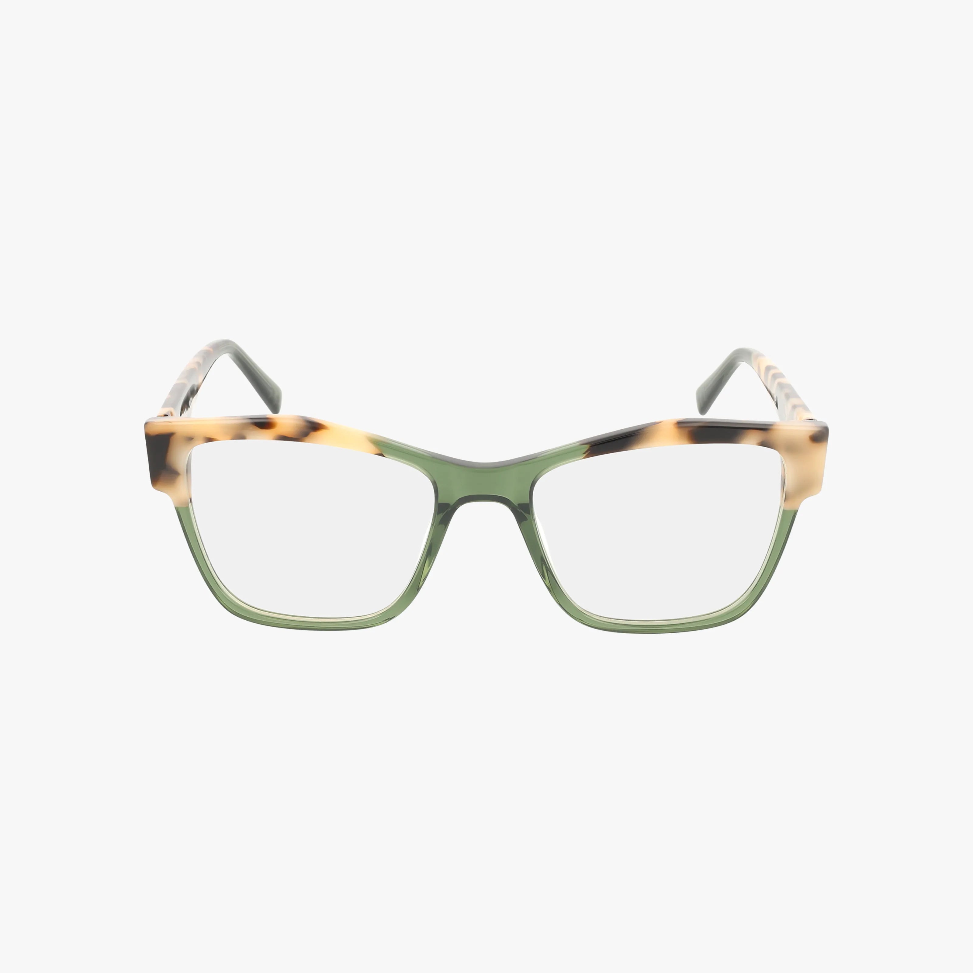 The RVLO6042 eyeglasses feature rectangular frames with a green front and beige tortoiseshell accents on the upper corners and temples, combining unique style and functionality, shown against a white background.