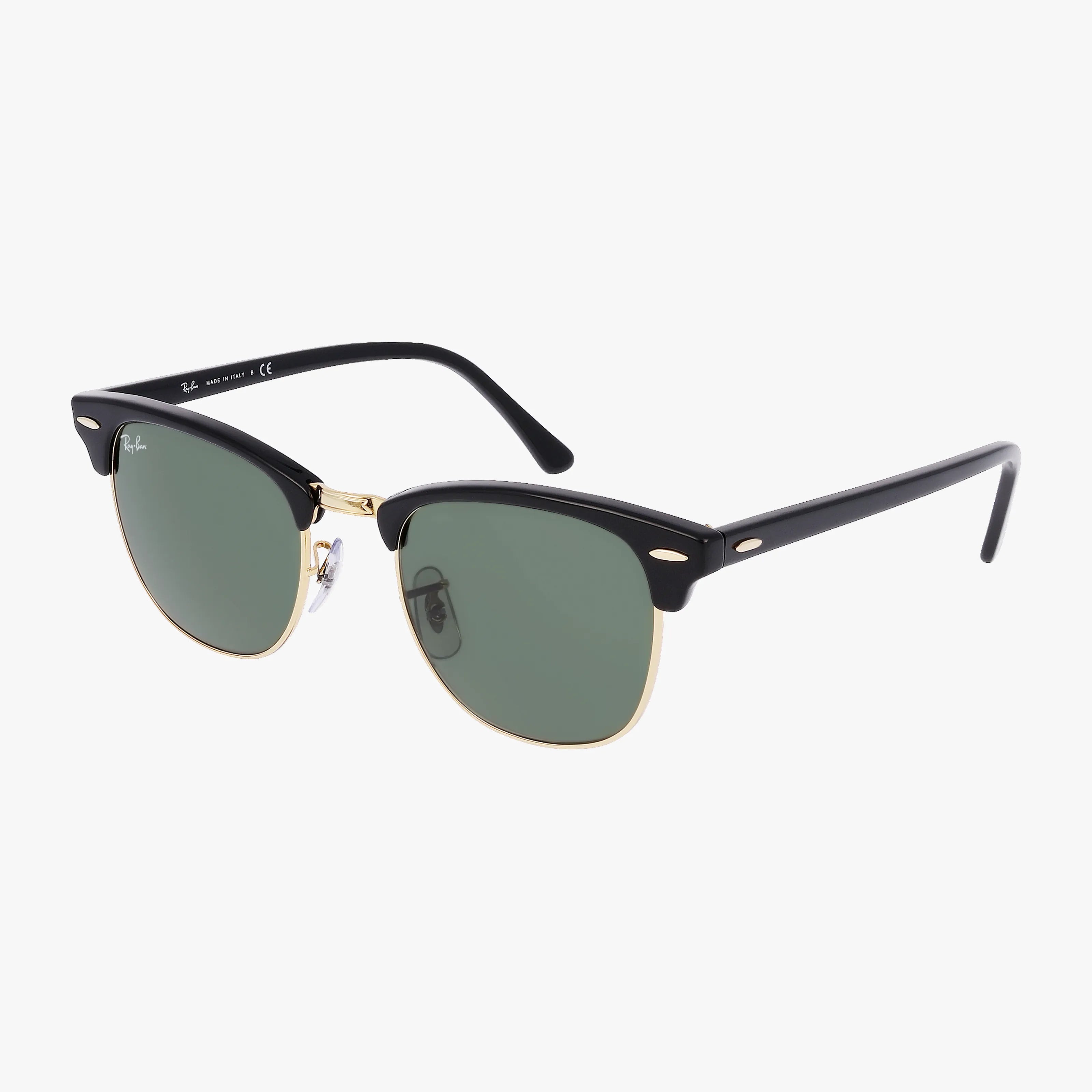 A pair of RB3016 CLUBMASTER sunglasses with black frames, gold accents, and premium green lenses is shown on a white background.
