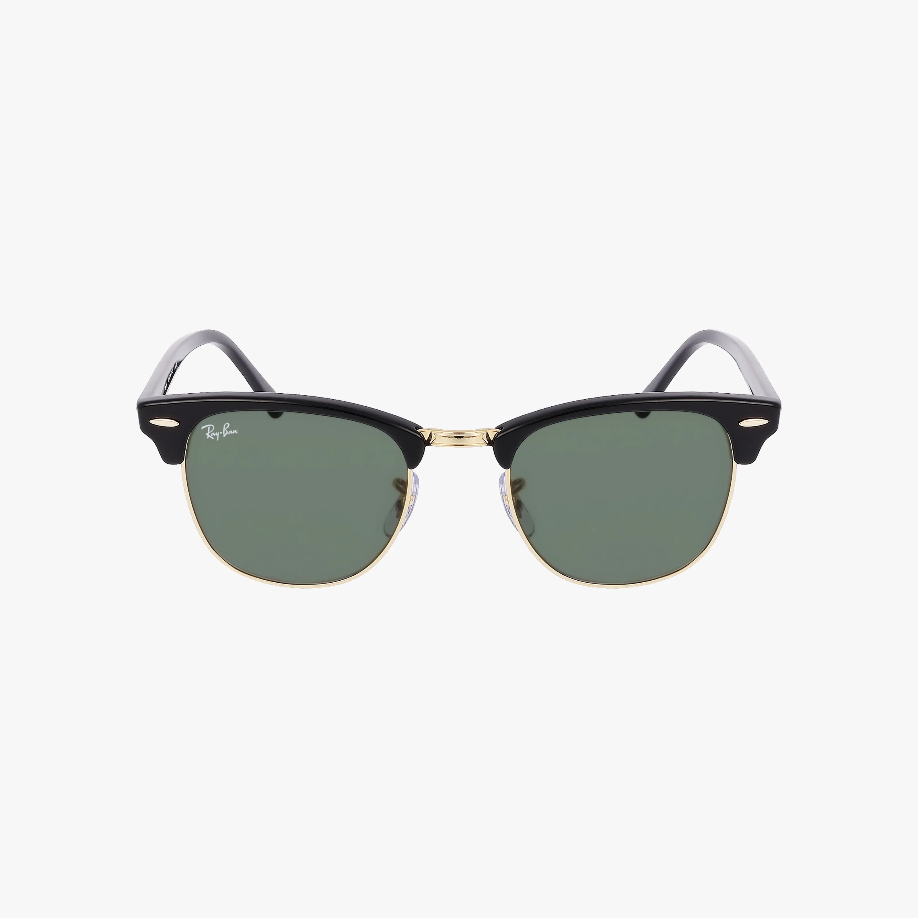 A pair of RB3016 CLUBMASTER sunglasses featuring black and gold frames with green premium lenses, displayed on a plain white background.